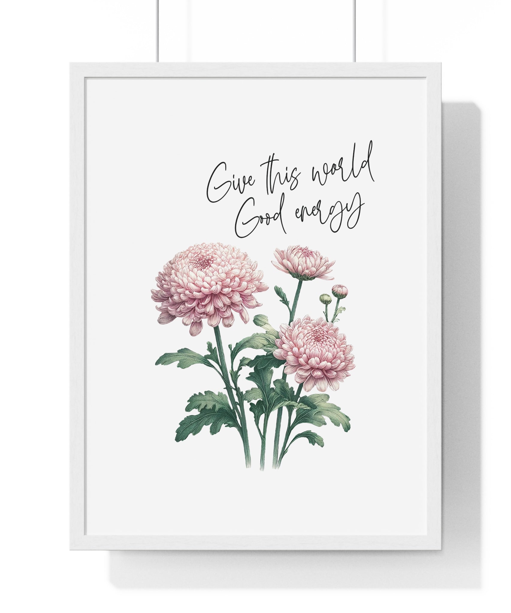 November Birth Month Flower Wall Art – Chrysanthemum Illustration with Inspirational Quote in Wooden Frame | Good Energy & Joy