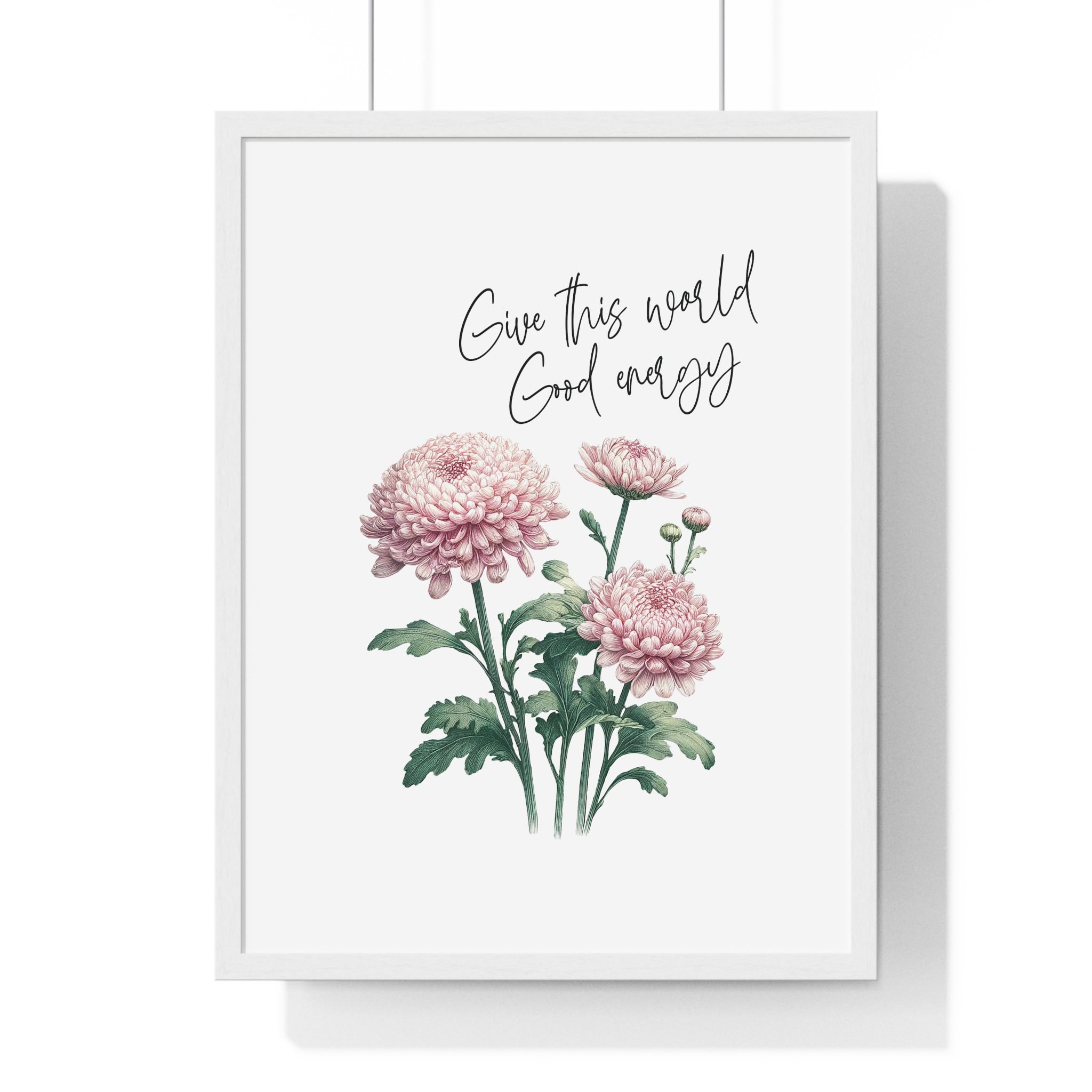 November Birth Month Flower Wall Art – Chrysanthemum Illustration with Inspirational Quote in Wooden Frame | Good Energy & Joy
