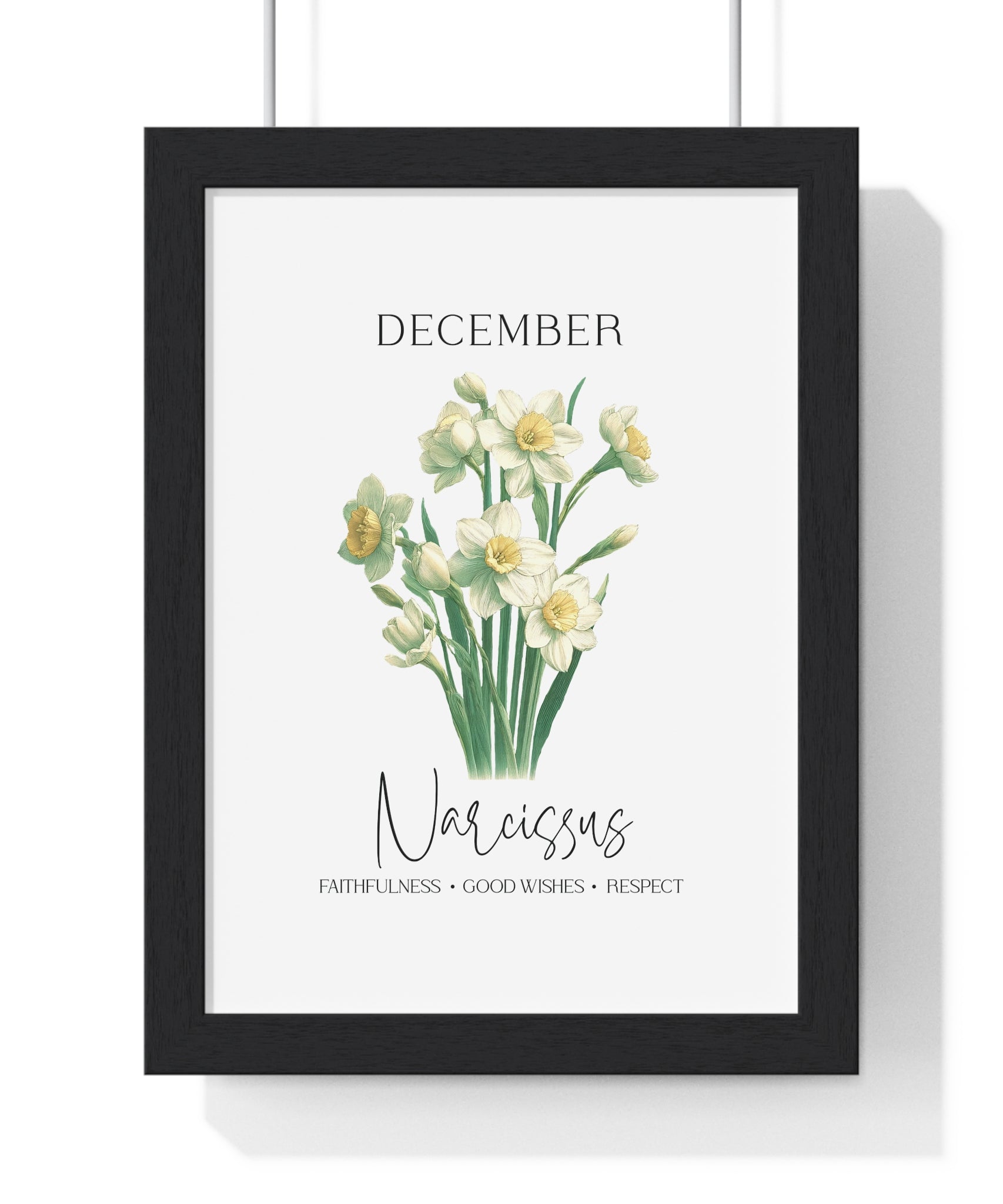 December Birth Month Flower Wall Art – Narcissus Illustration in Wooden Frame | Faithfulness, Good Wishes & Respect