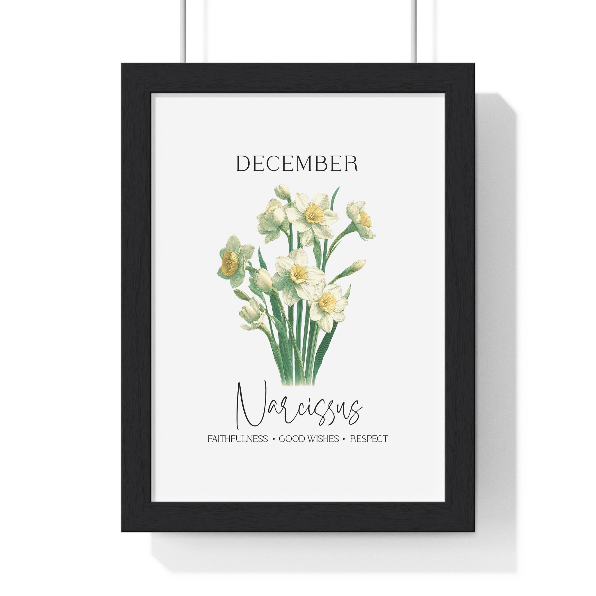 December Birth Month Flower Wall Art – Narcissus Illustration in Wooden Frame | Faithfulness, Good Wishes & Respect