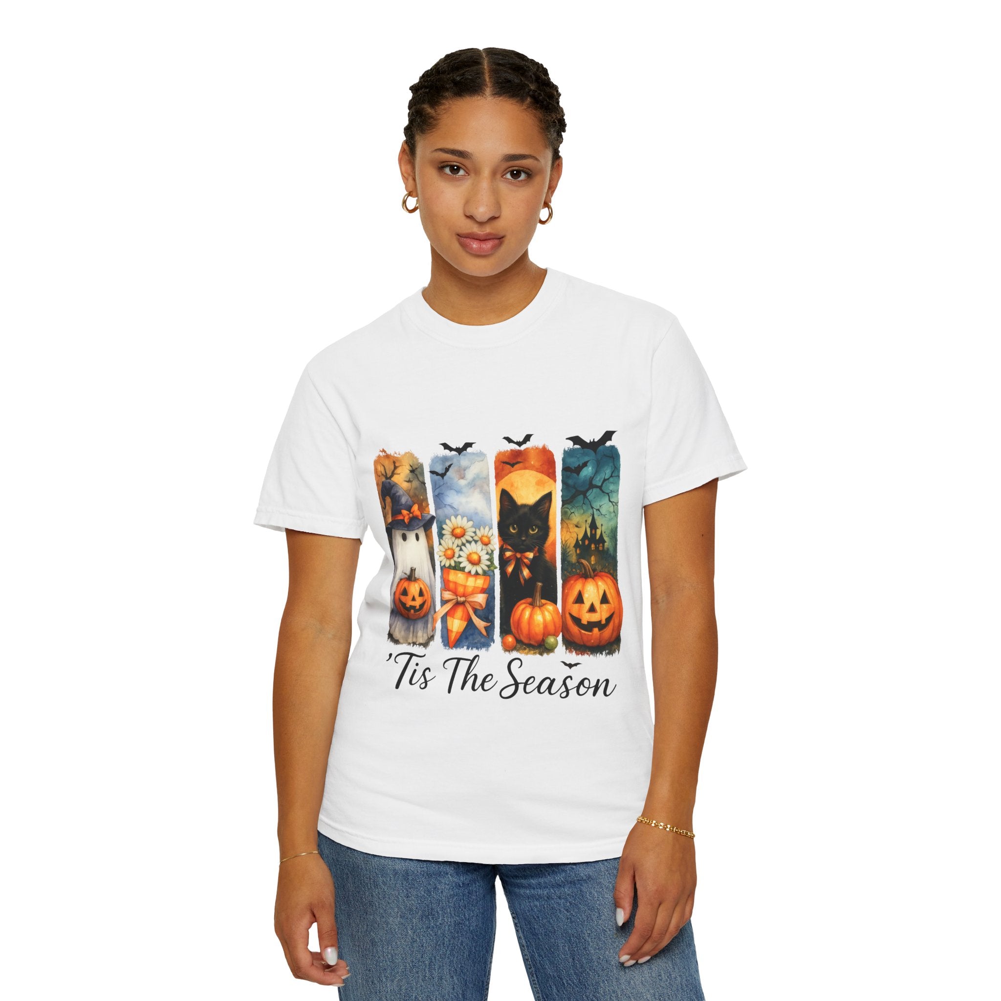 Whimsical Halloween T-Shirt – Ghost, Black Cat, Pumpkins & Haunted House Design