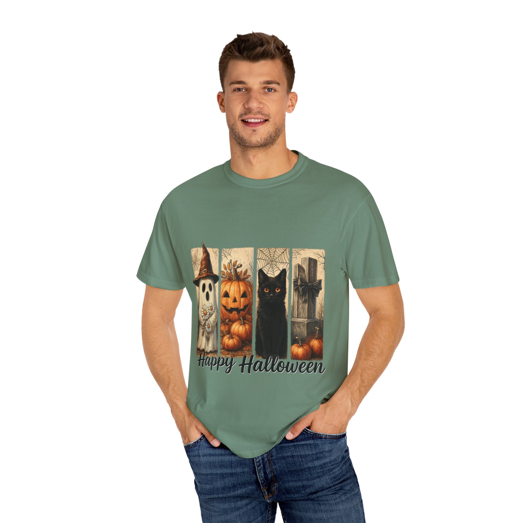 Happy Halloween Unisex T-Shirt – Ghost, Black Cat & Pumpkin Graphic Tee - Gallory Hive