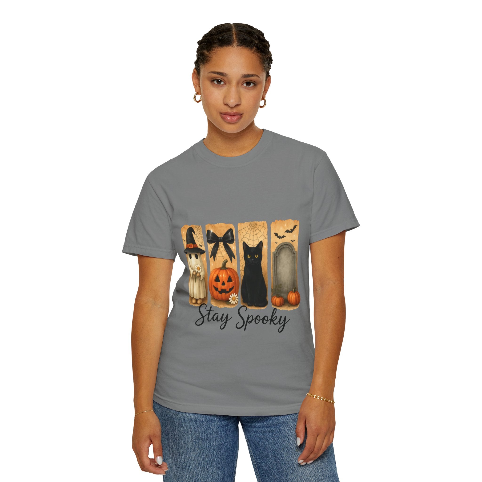 Cute Halloween T-Shirt – Ghost in Witch Hat, Pumpkin, Black Cat & Tombstone Design