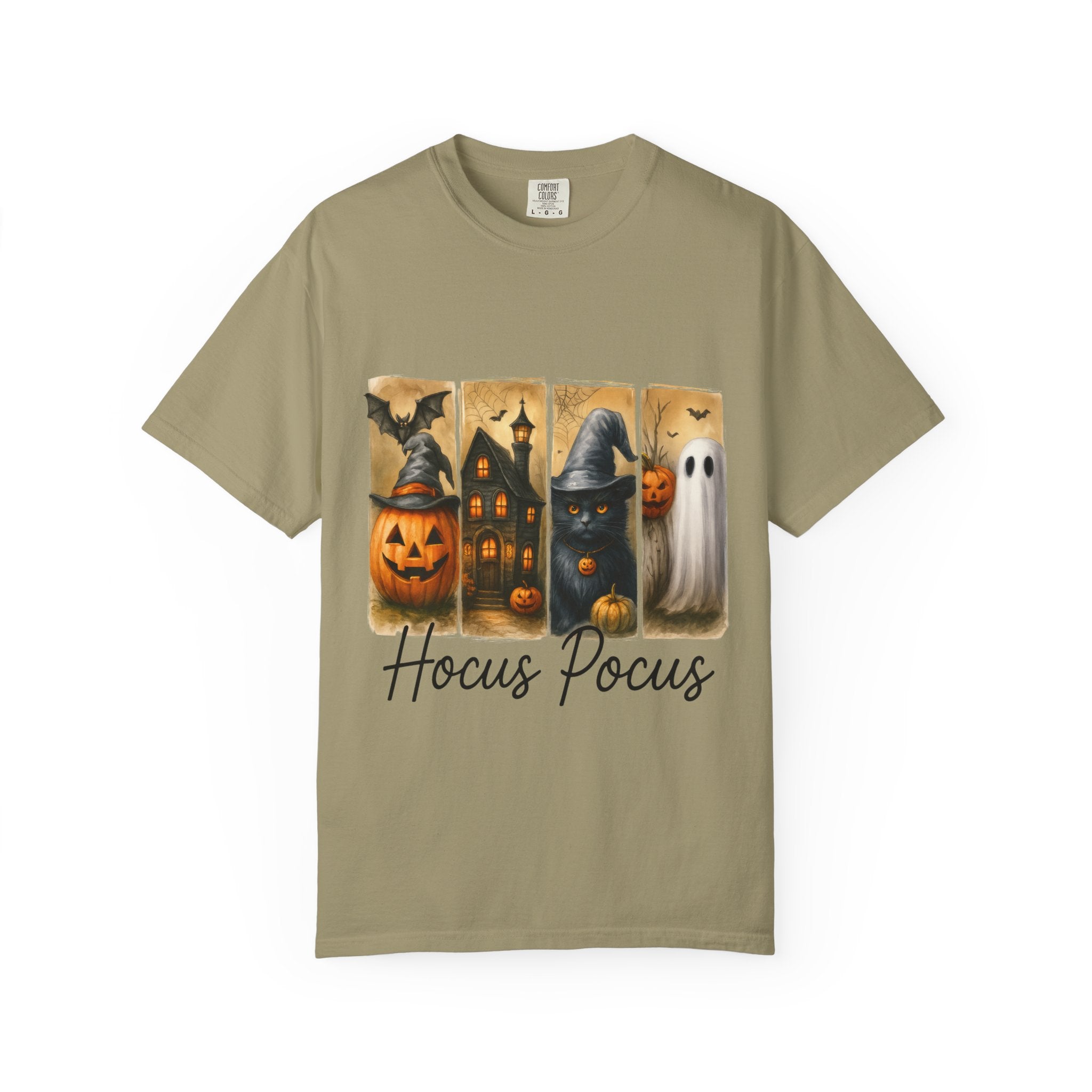 Hocus Pocus Halloween Unisex T-Shirt – Witchy Cat, Haunted House, Pumpkin & Ghost Art