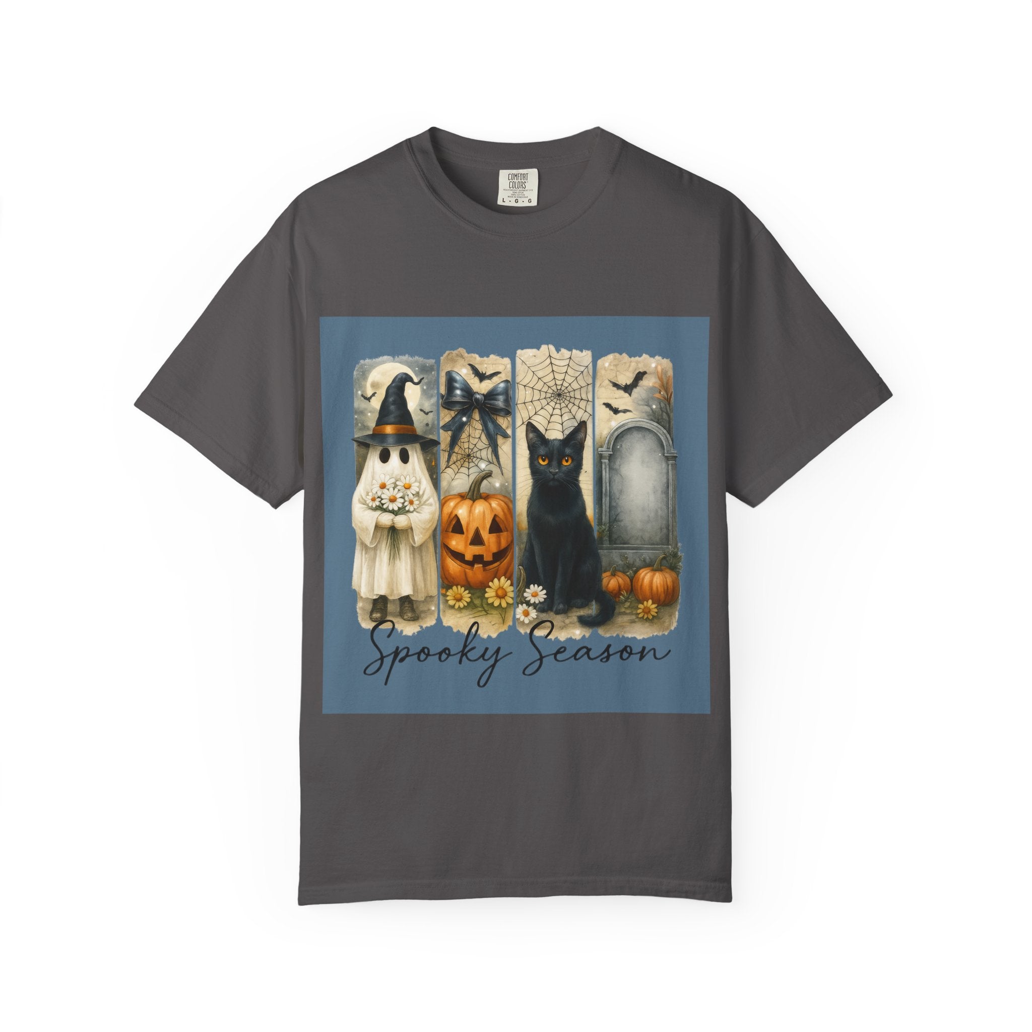 Spooky Season Halloween Unisex T-Shirt – Ghost, Black Cat & Pumpkin Design