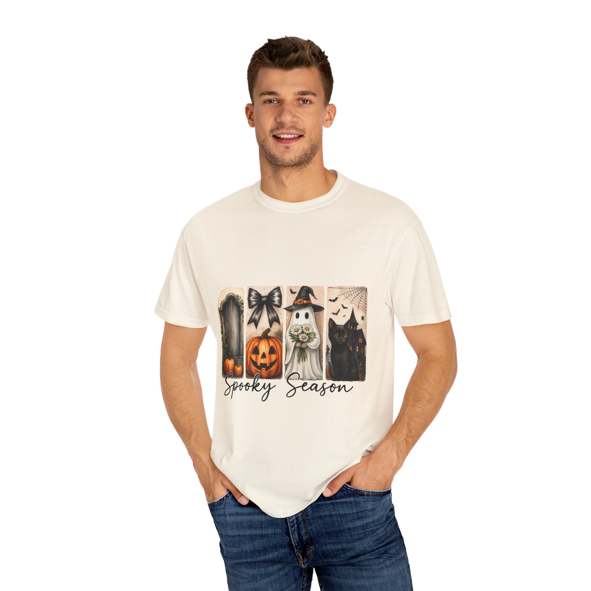 Spooky Season Unisex Halloween T-Shirt – Ghost, Black Cat, Pumpkin & Haunted House Art