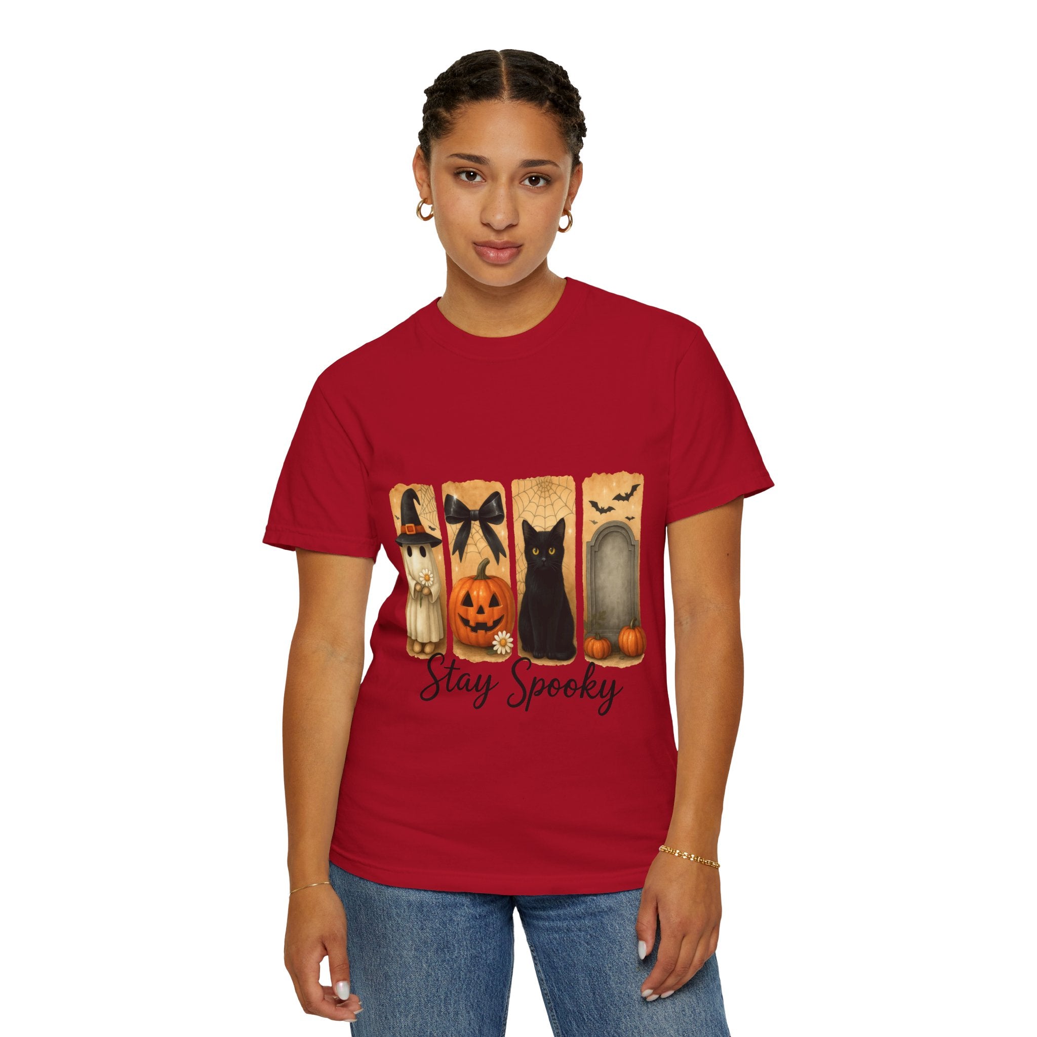 Cute Halloween T-Shirt – Ghost in Witch Hat, Pumpkin, Black Cat & Tombstone Design - Gallory Hive