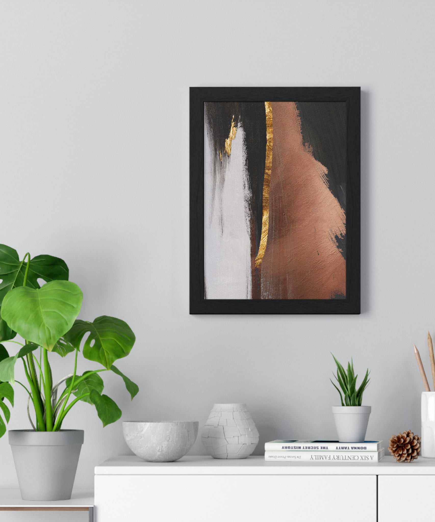 Modern Abstract Wall Art – Bold Black, Copper & Gold Textured Poster on Wooden Frame – Luxury Canvas Print for Home or Office