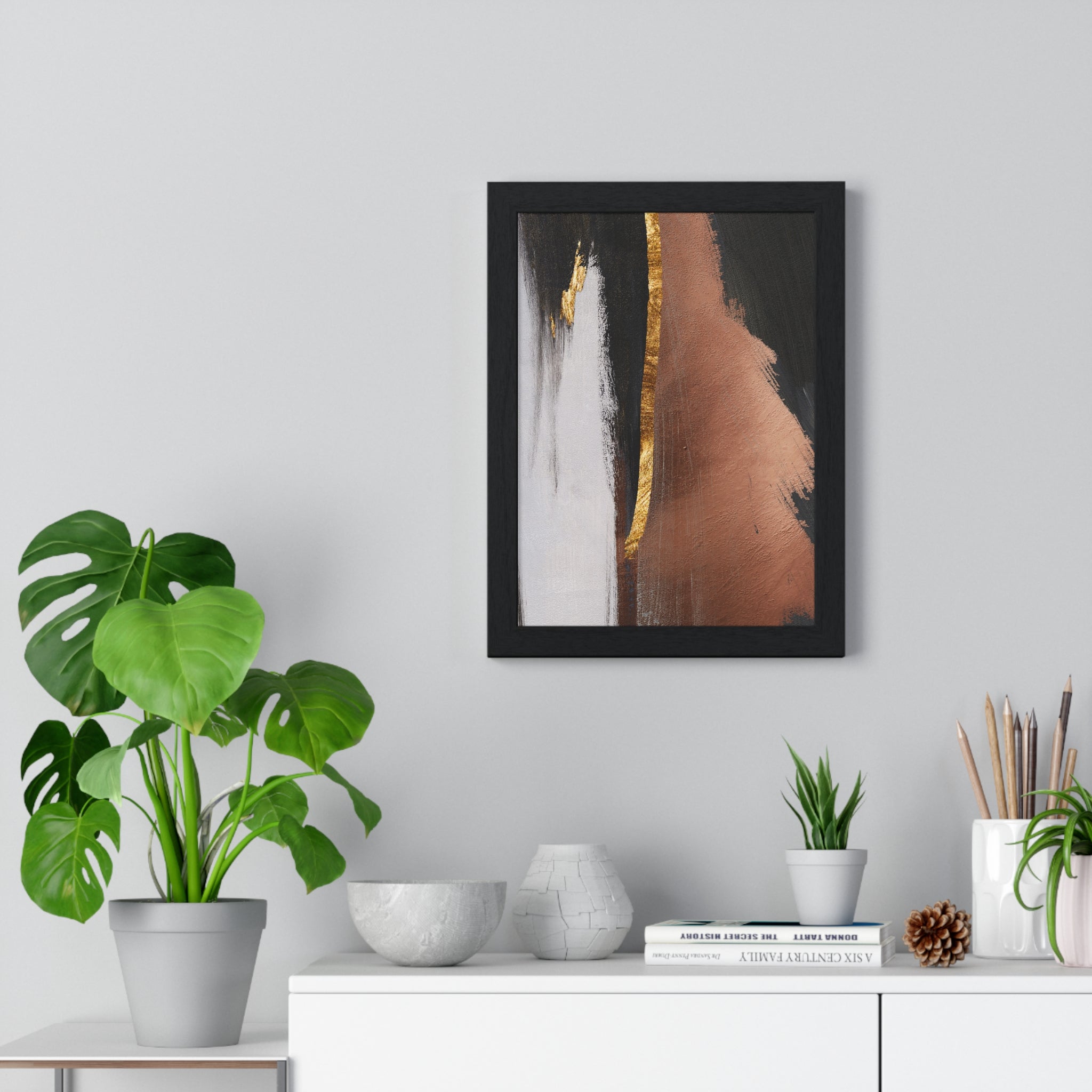 Modern Abstract Wall Art – Bold Black, Copper & Gold Textured Poster on Wooden Frame – Luxury Canvas Print for Home or Office