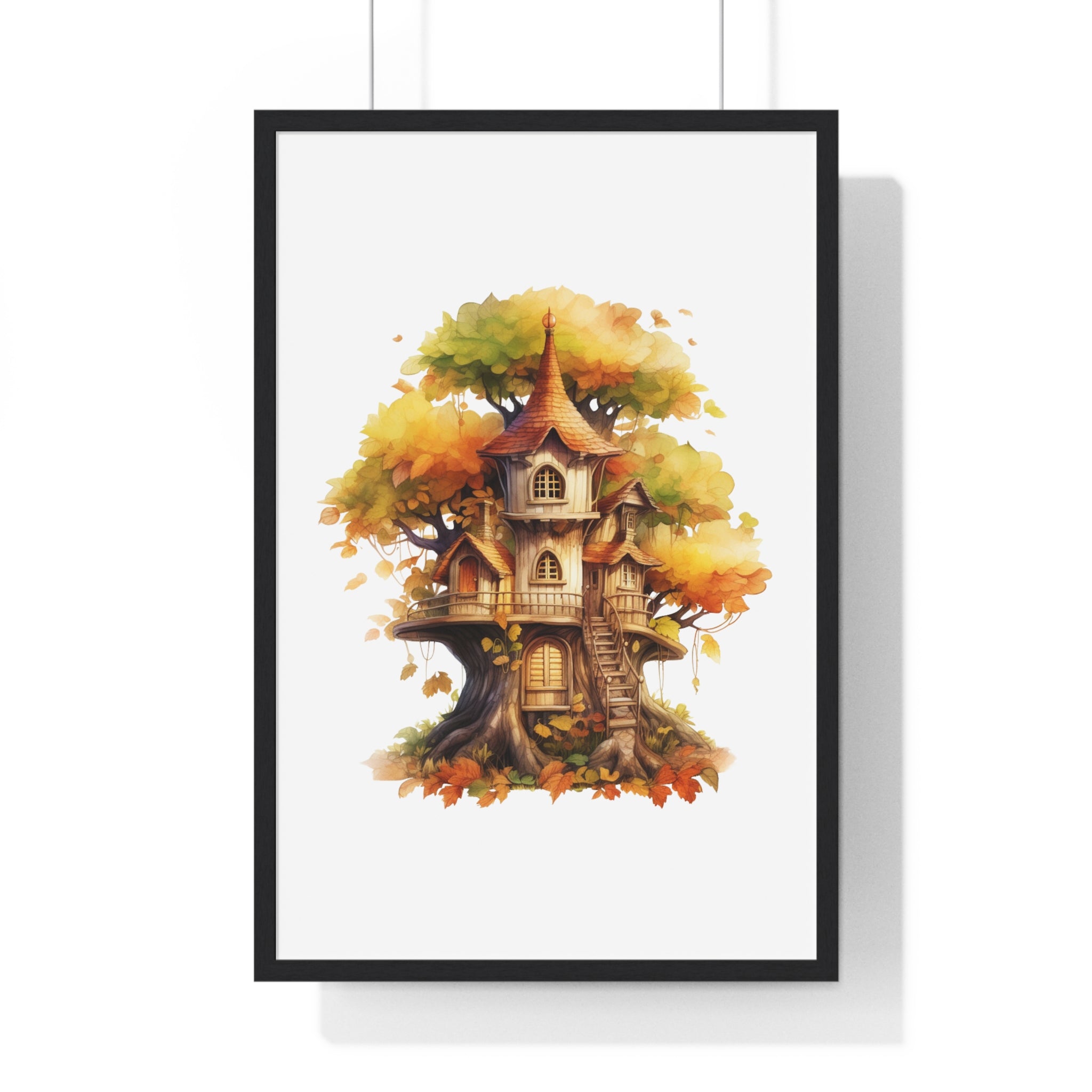 Fantasy Autumn Treehouse Wall Art – Multi-Level Woodland Cottage with Fall Leaves | Wooden Frame Seasonal Decor
