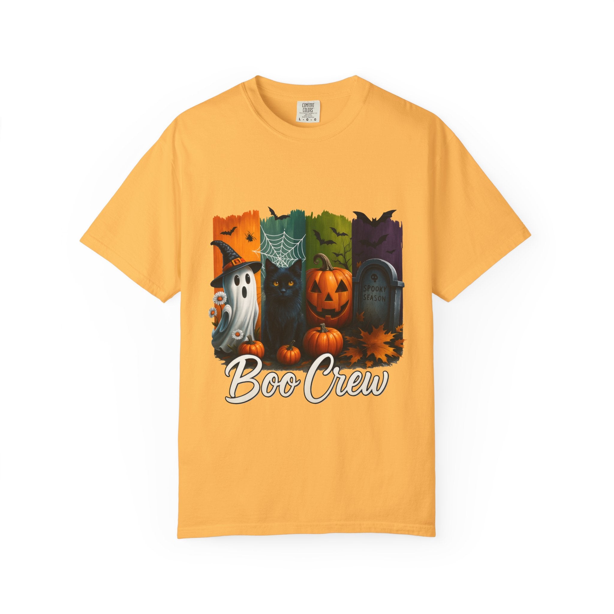 Boo Crew Halloween Unisex T-Shirt – Cute Ghost, Black Cat, Pumpkin & Tombstone Design