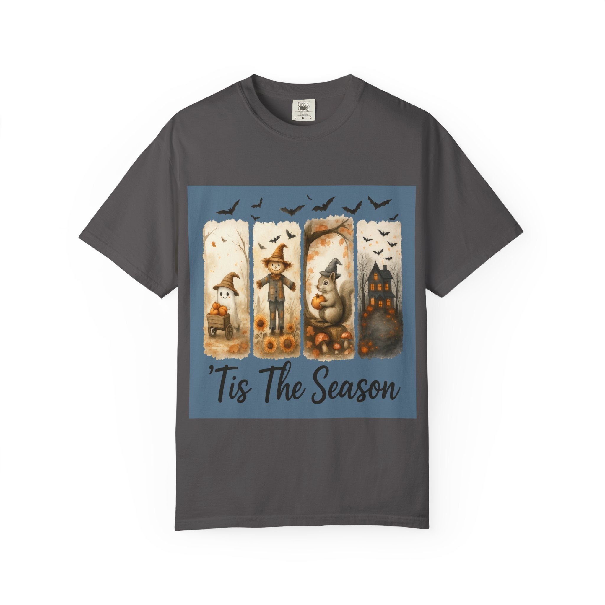 Tis The Season Fall Halloween T-Shirt – Cute Ghost, Scarecrow, Squirrel & Haunted House Design