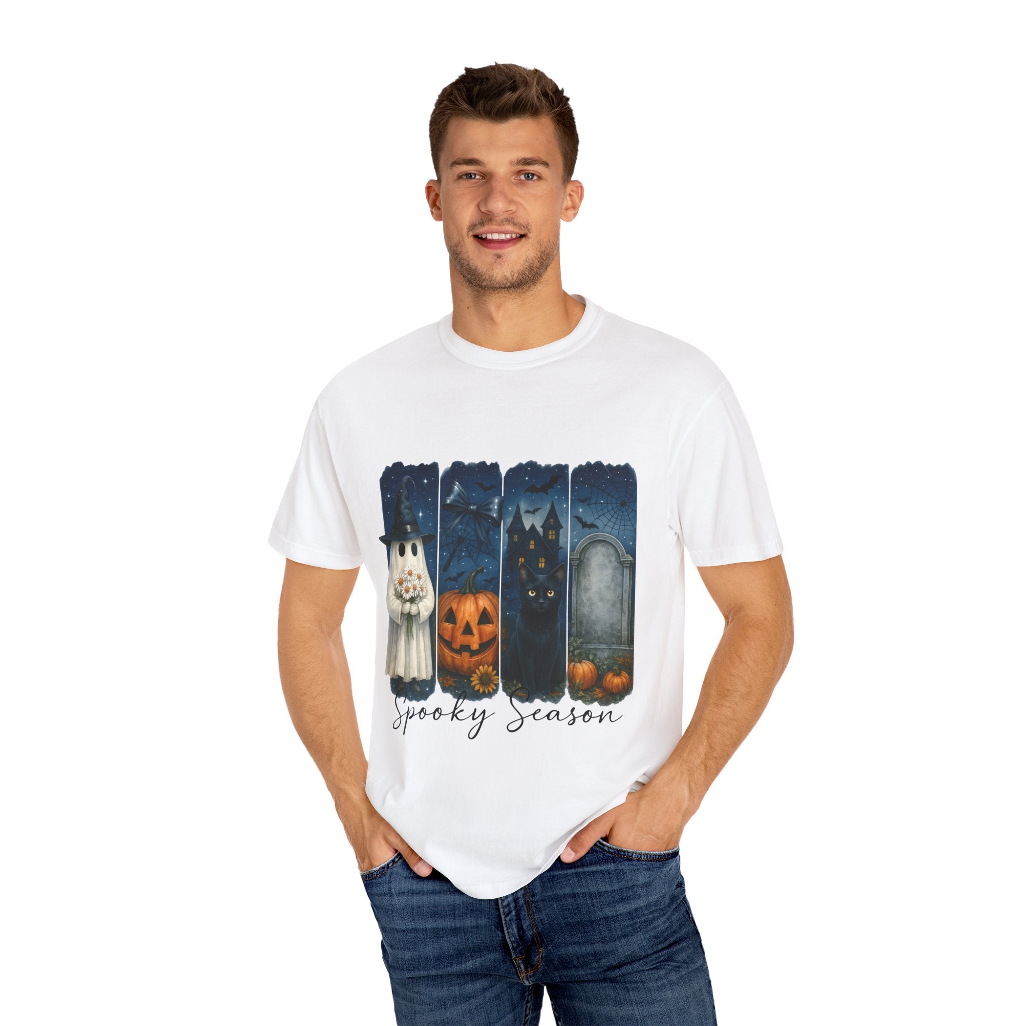 Spooky Season Halloween T-Shirt – Ghost, Black Cat, Pumpkin & Haunted House Design - Gallory Hive