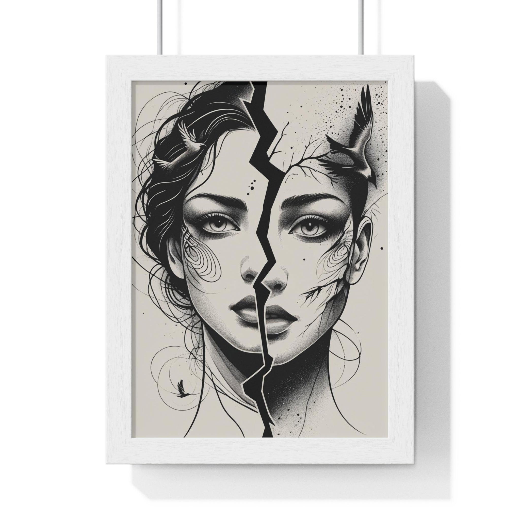 Vertical Framed Poster, Women Split Face Home Decor Art Modern Wall Unique Gift Inspirational Artwork, Wall Hanging Art Print