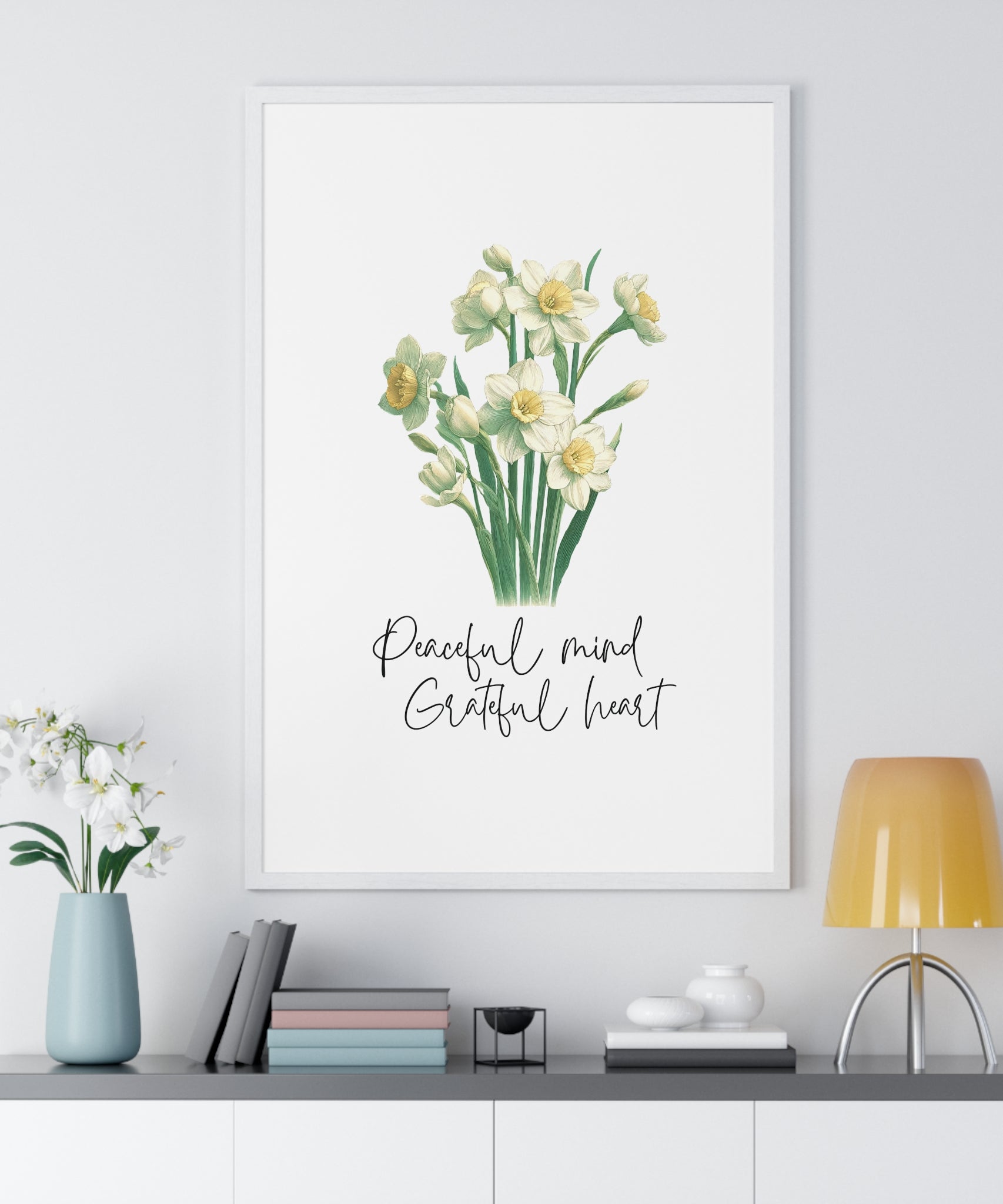 December Birth Month Flower Wall Art – Narcissus Illustration with Inspirational Quote in Wooden Frame | Peaceful Mind & Grateful Heart