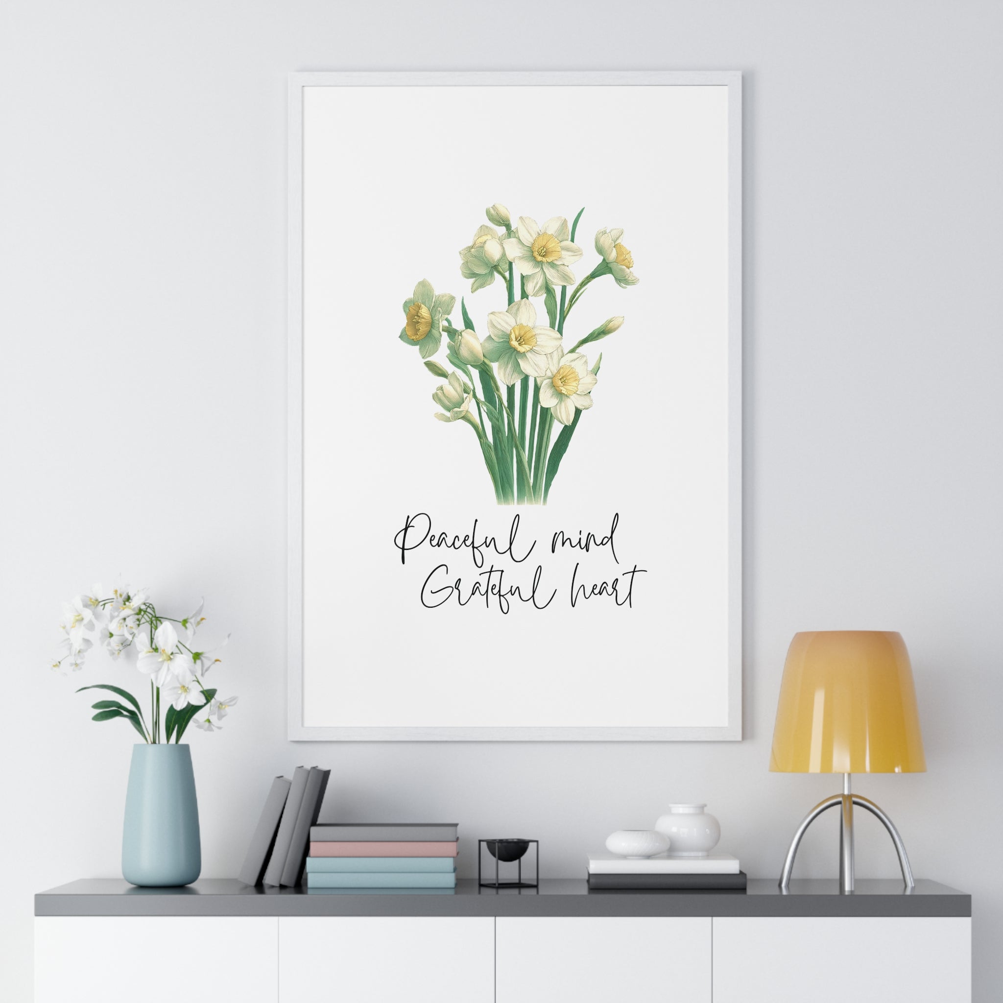 December Birth Month Flower Wall Art – Narcissus Illustration with Inspirational Quote in Wooden Frame | Peaceful Mind & Grateful Heart