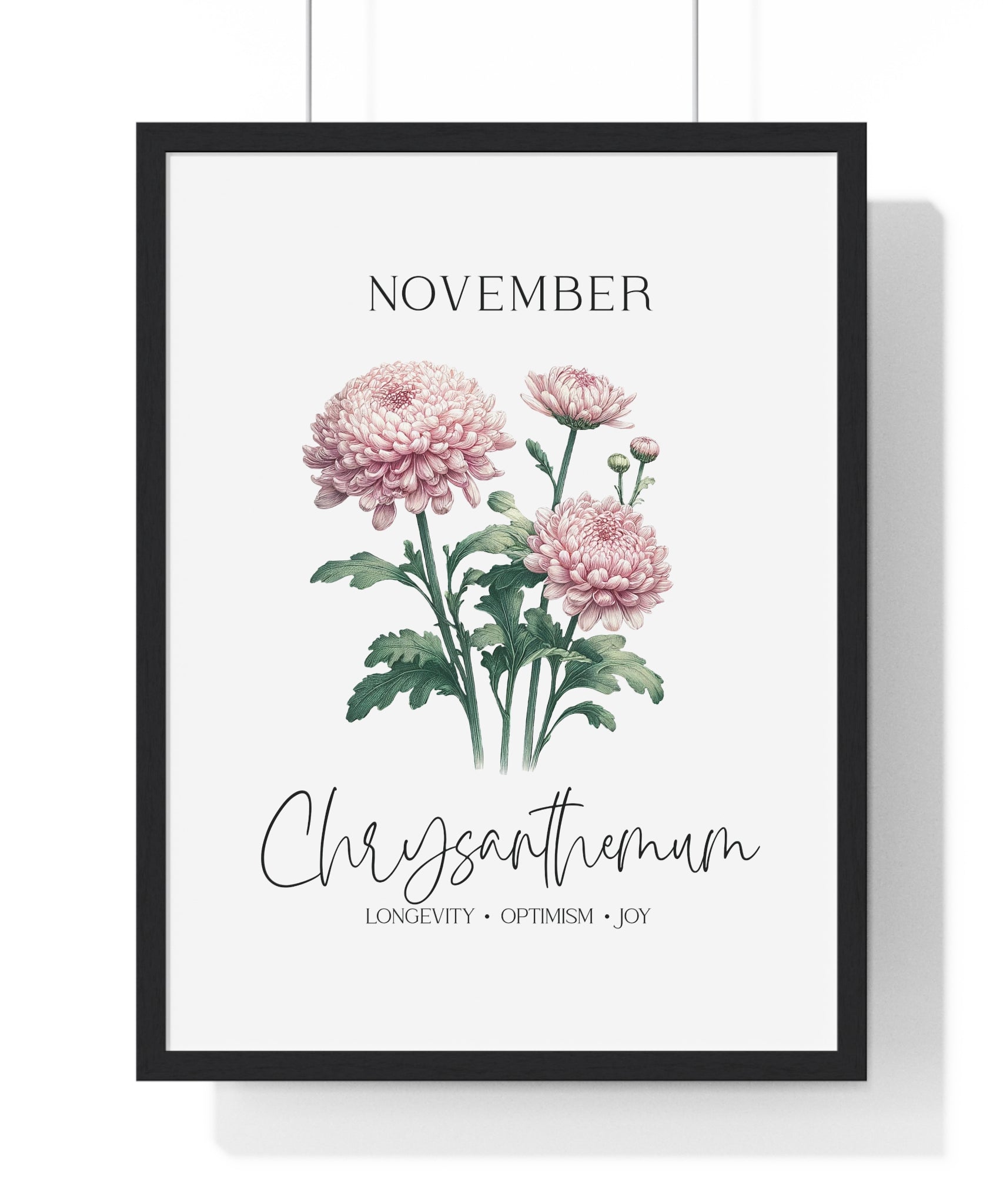 November Birth Month Flower Wall Art – Chrysanthemum Illustration in Wooden Frame | Longevity, Optimism & Joy