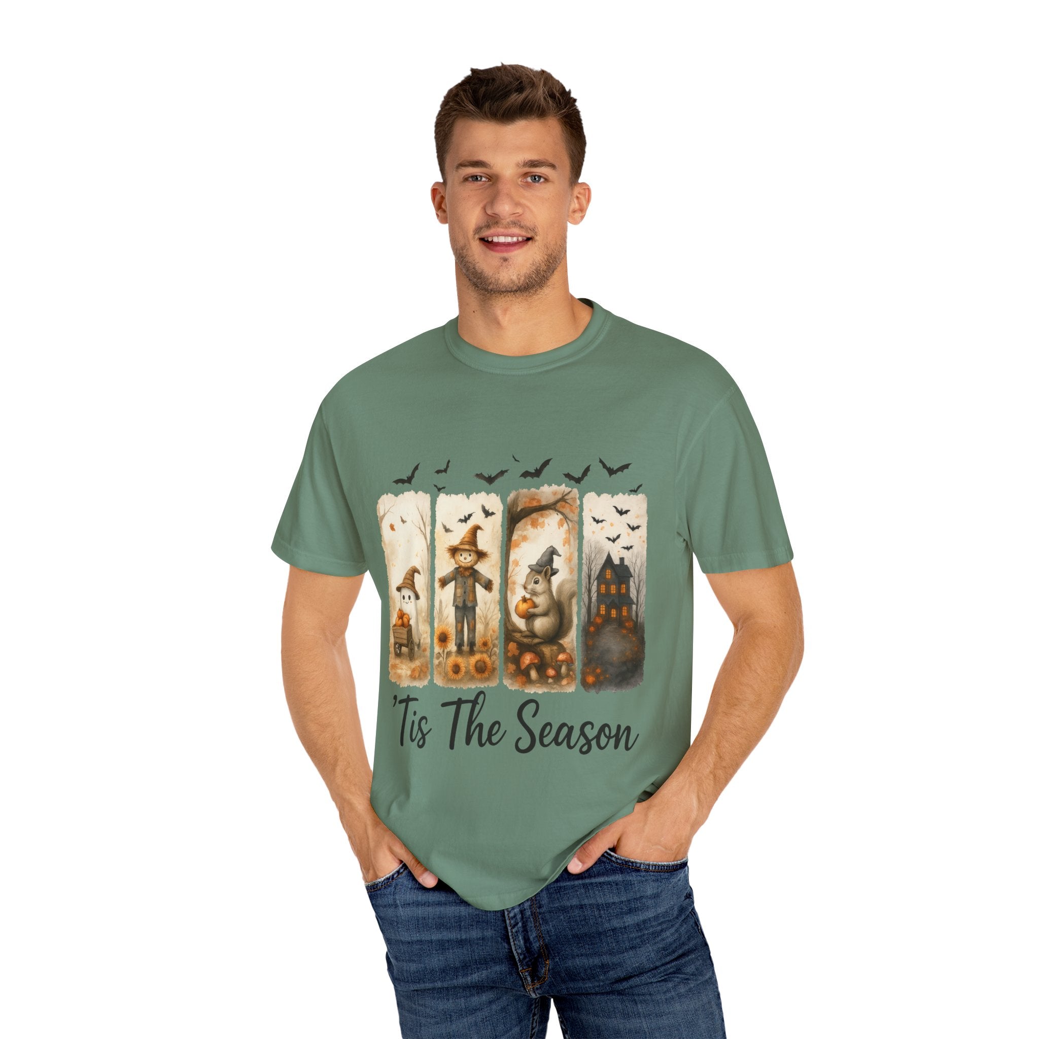 Tis The Season Fall Halloween T-Shirt – Cute Ghost, Scarecrow, Squirrel & Haunted House Design