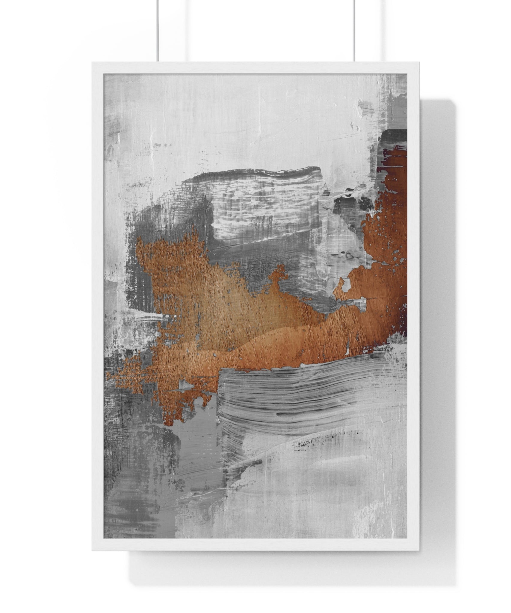 Textured Abstract Wall Art – Grey, Copper & White Modern Brushstroke Poster on Wooden Frame