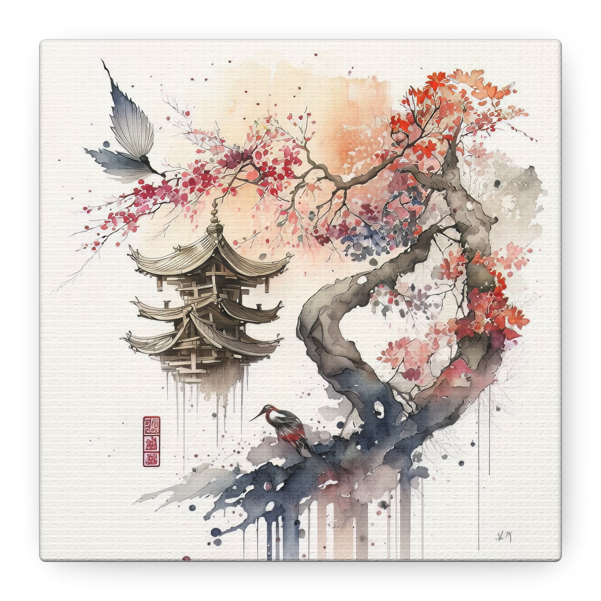 Elegant Pagoda & Bird – Japanese Watercolor Wall Art with Cherry Blossoms and Nature, Floral Canvas Print, Asian-Inspired Home Decor - Gallory Hive