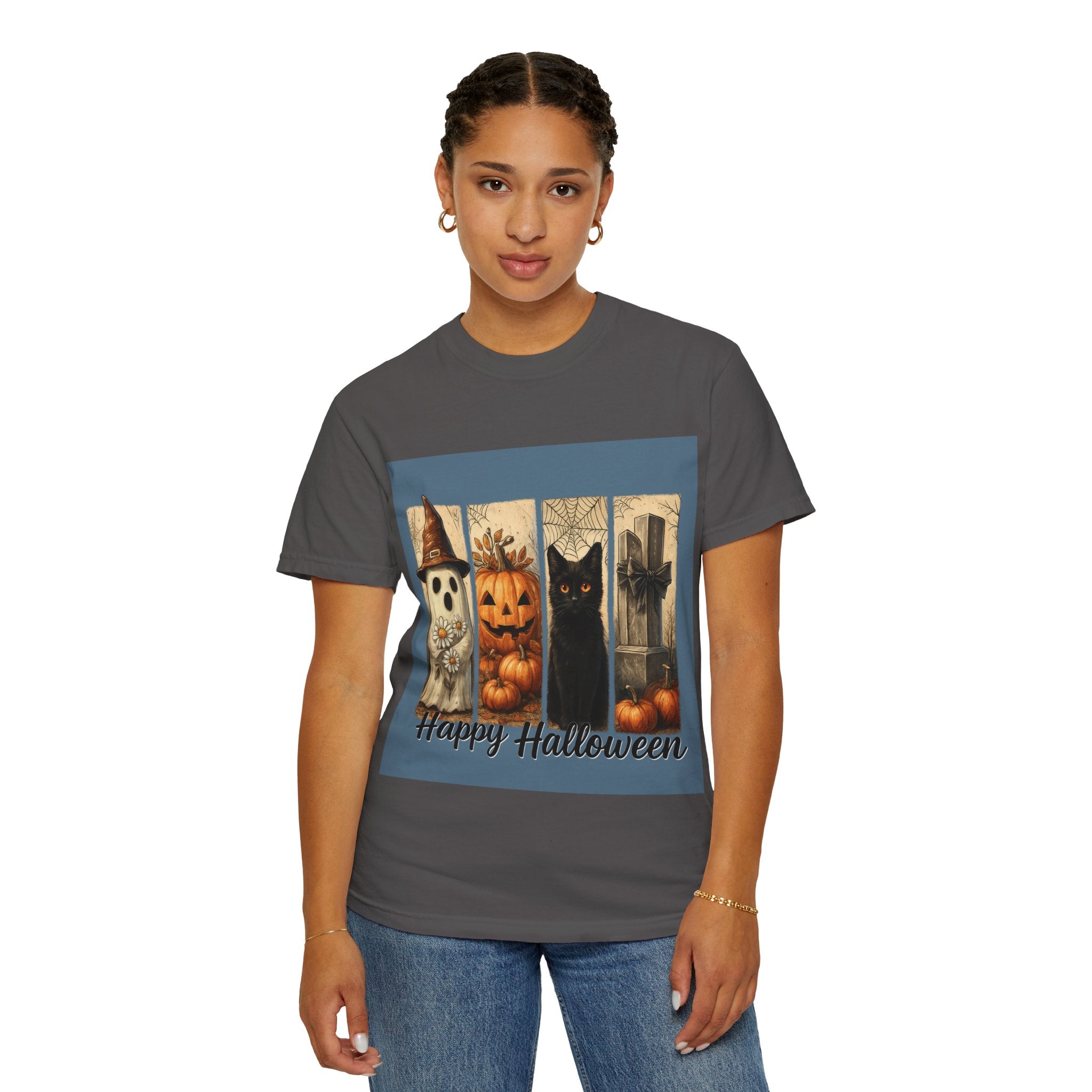 Happy Halloween Unisex T-Shirt – Ghost, Black Cat & Pumpkin Graphic Tee - Gallory Hive