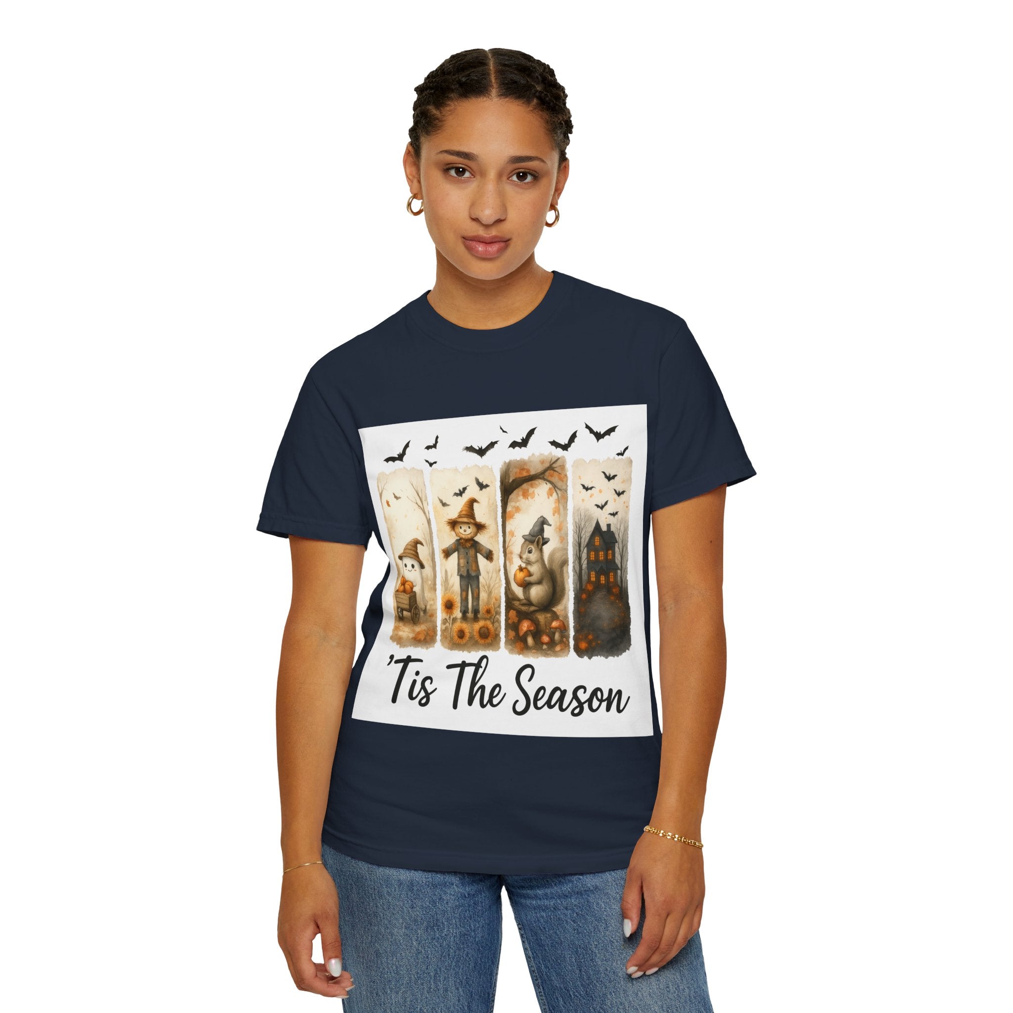 Tis The Season Fall Halloween T-Shirt – Cute Ghost, Scarecrow, Squirrel & Haunted House Design