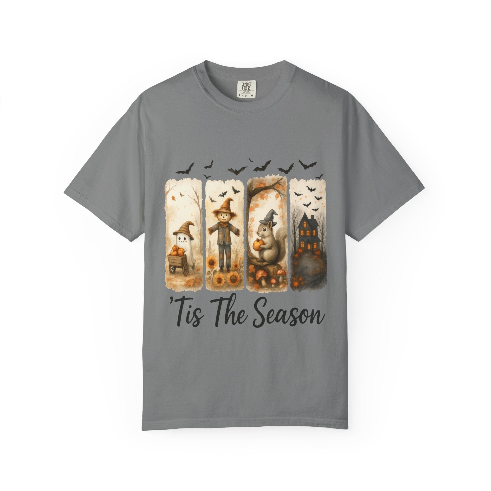 Tis The Season Fall Halloween T-Shirt – Cute Ghost, Scarecrow, Squirrel & Haunted House Design