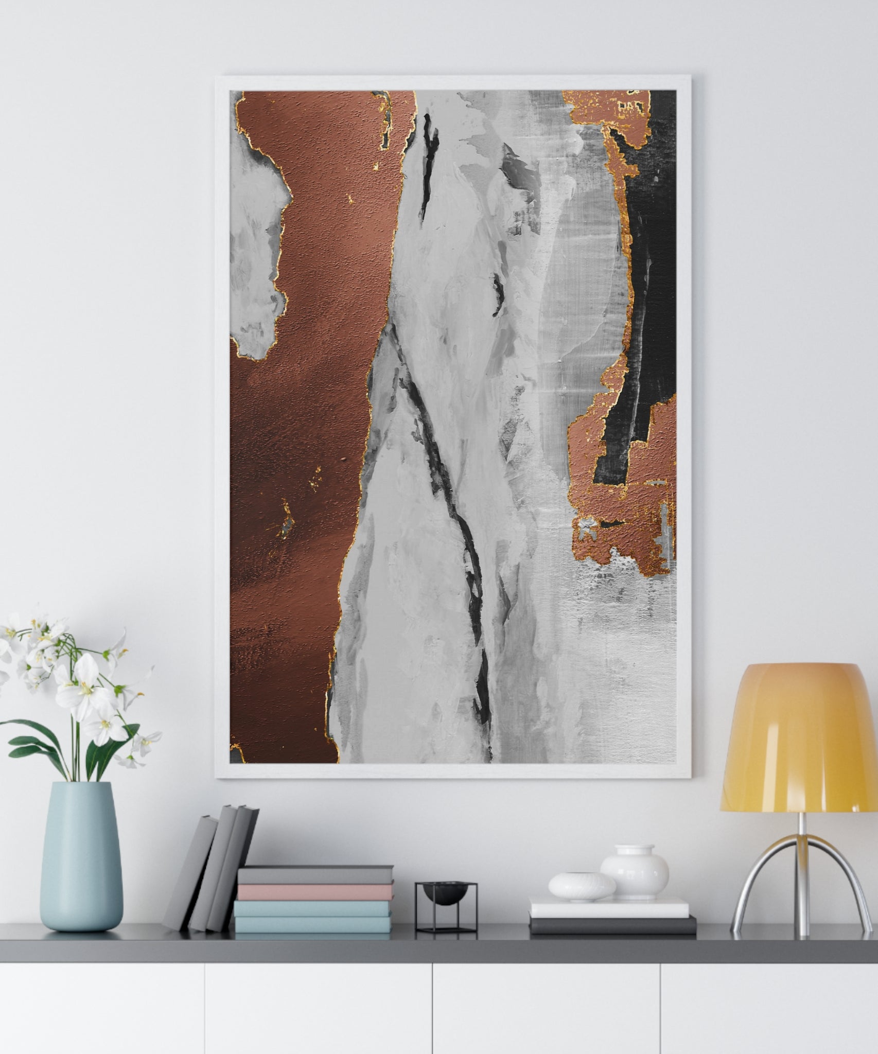 Luxury Abstract Wall Art Poster – Metallic Copper & Marble Texture on Wooden Frame – Modern Home Décor