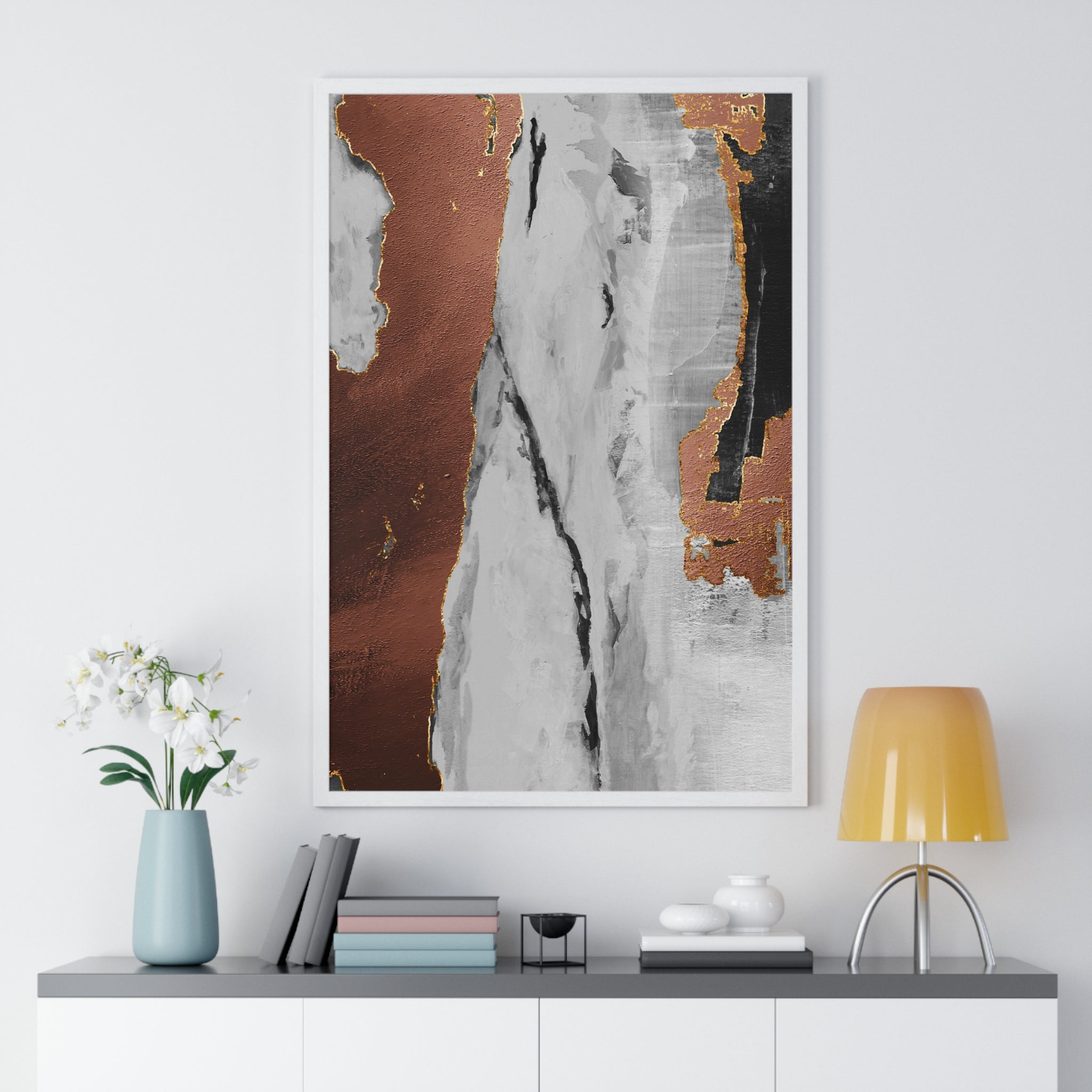 Luxury Abstract Wall Art Poster – Metallic Copper & Marble Texture on Wooden Frame – Modern Home Décor