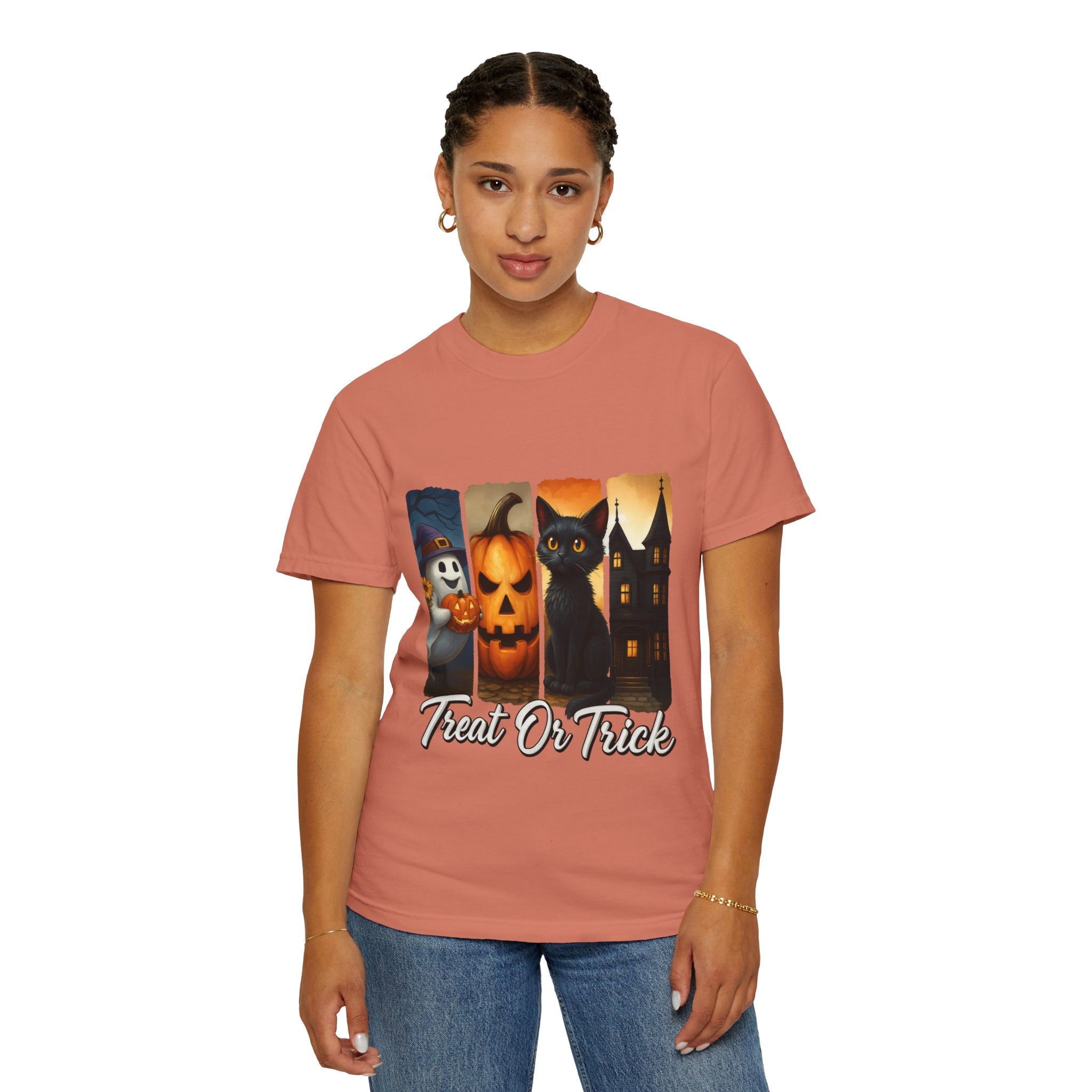 Treat Or Trick Halloween T-Shirt – Cute Ghost, Pumpkin, Black Cat & Haunted House Design