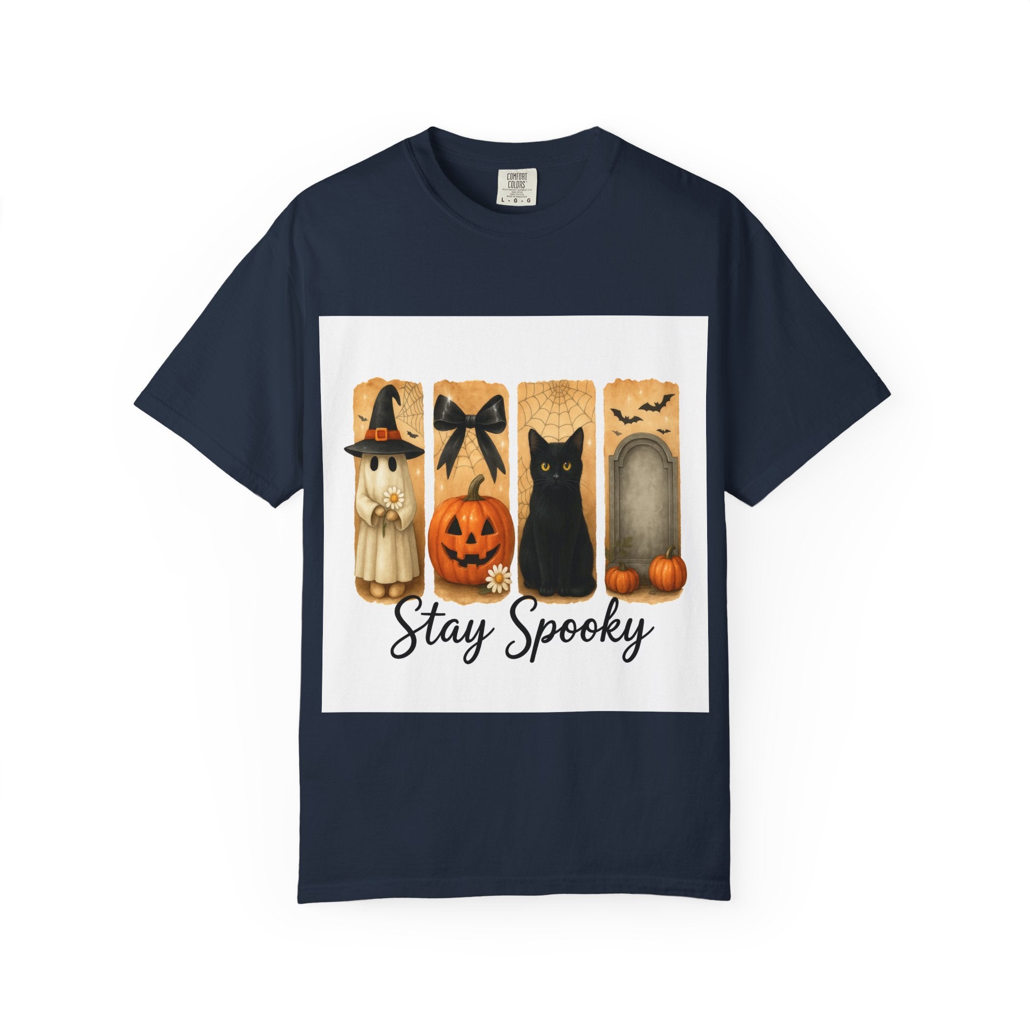 Cute Halloween T-Shirt – Ghost in Witch Hat, Pumpkin, Black Cat & Tombstone Design