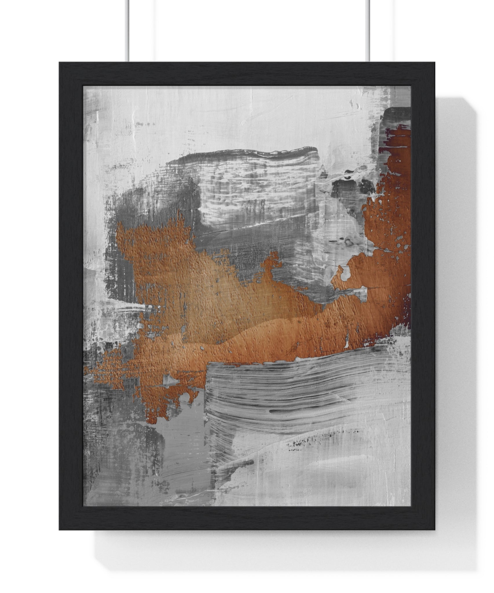 Textured Abstract Wall Art – Grey, Copper & White Modern Brushstroke Poster on Wooden Frame