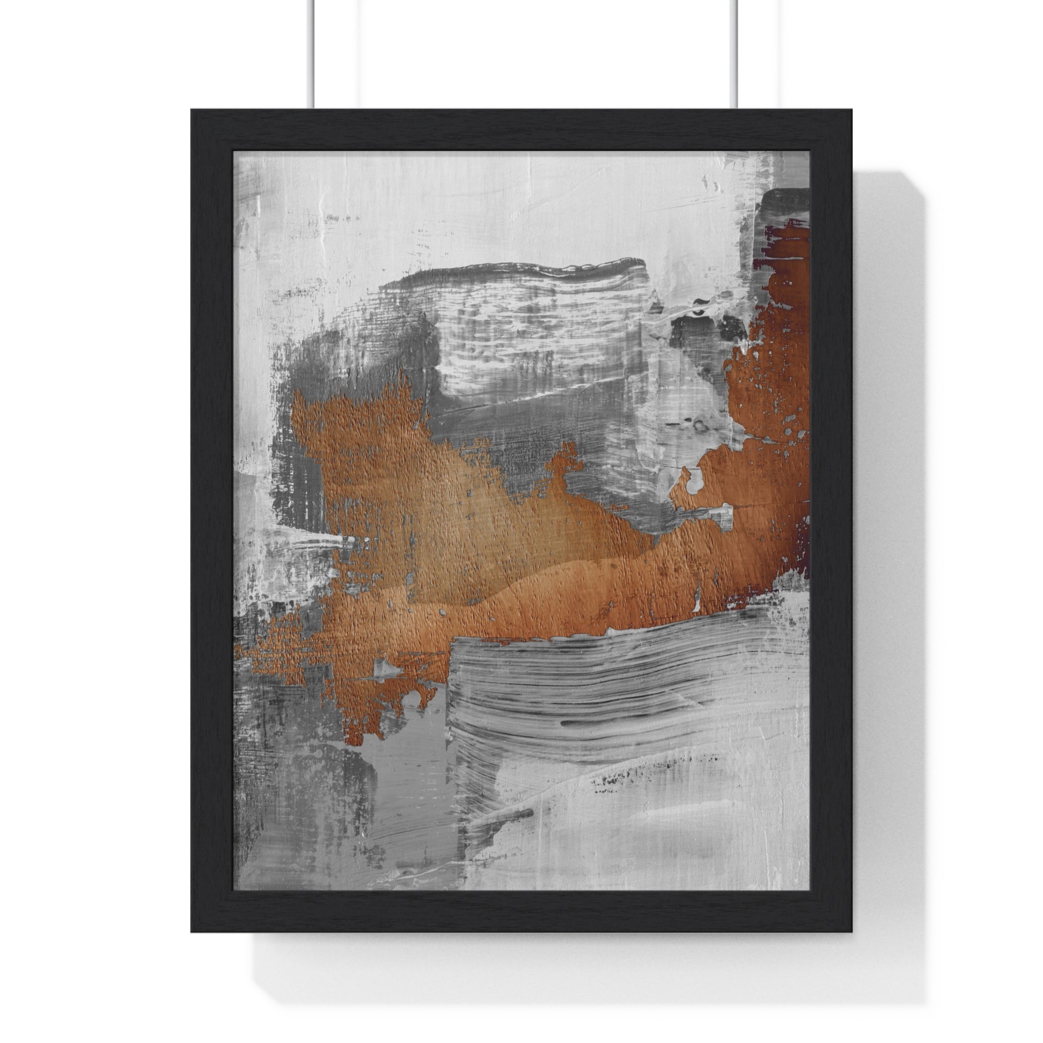 Textured Abstract Wall Art – Grey, Copper & White Modern Brushstroke Poster on Wooden Frame
