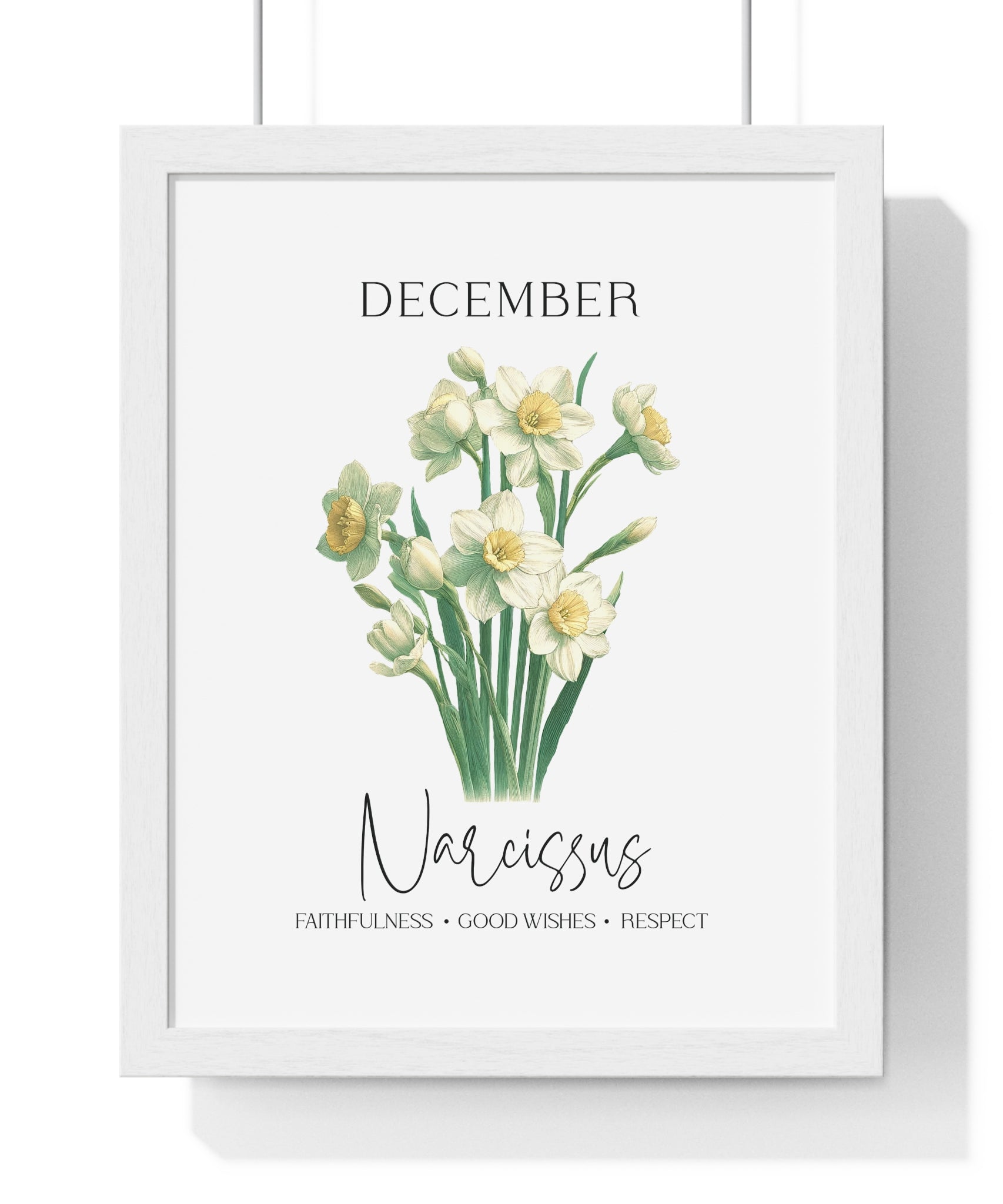 December Birth Month Flower Wall Art – Narcissus Illustration in Wooden Frame | Faithfulness, Good Wishes & Respect