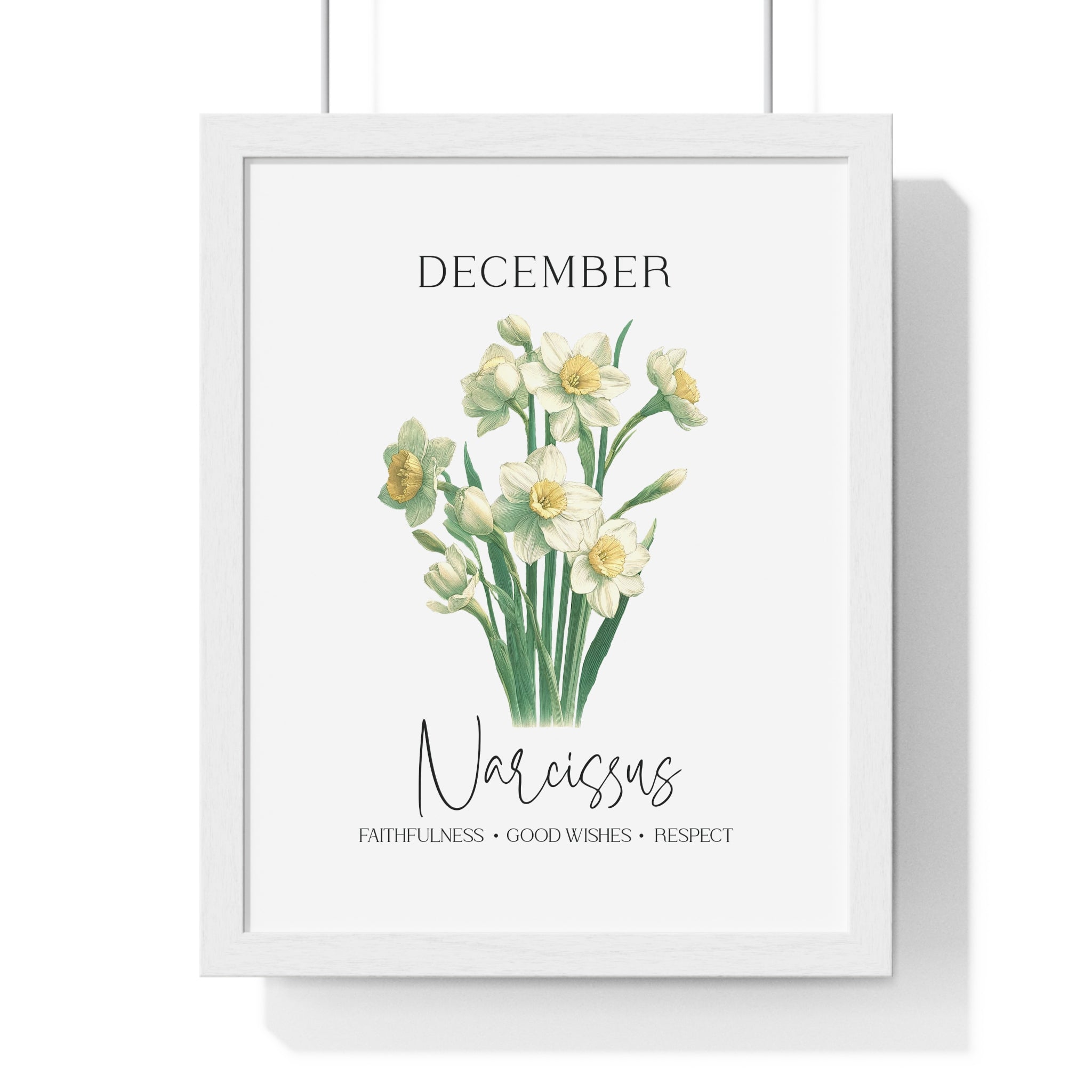 December Birth Month Flower Wall Art – Narcissus Illustration in Wooden Frame | Faithfulness, Good Wishes & Respect