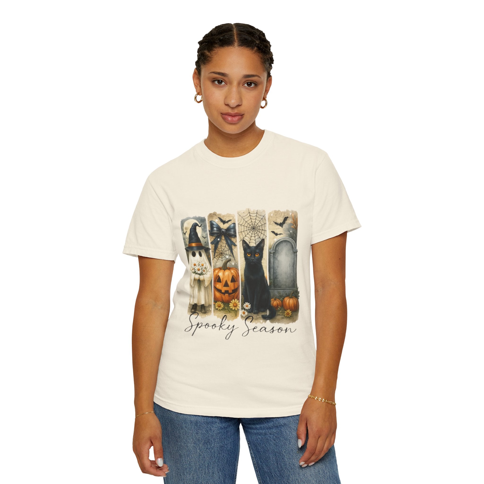 Spooky Season Halloween Unisex T-Shirt – Ghost, Black Cat & Pumpkin Design