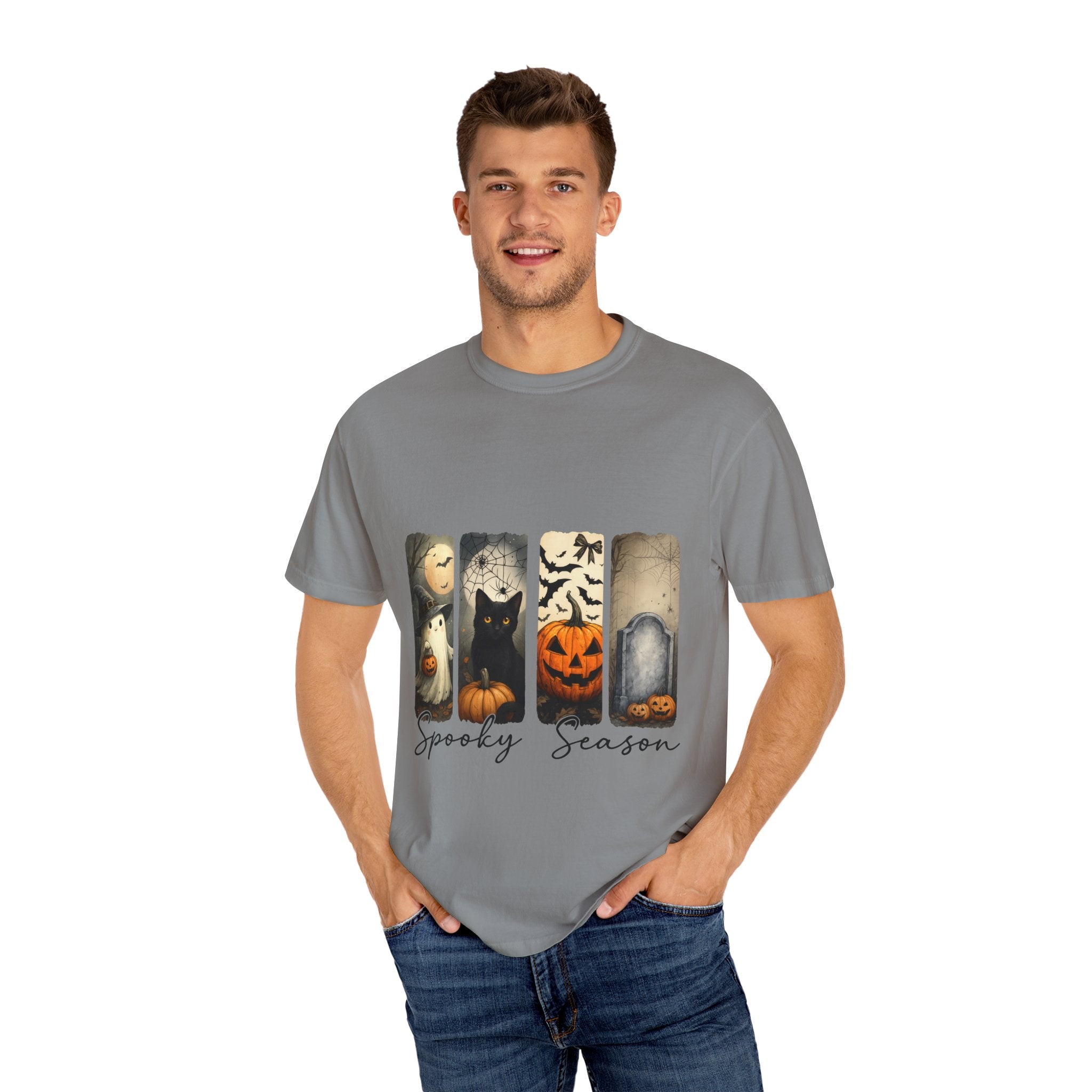 Halloween Night Unisex T-Shirt – Ghost, Black Cat, Pumpkin & Tombstone Vintage Art