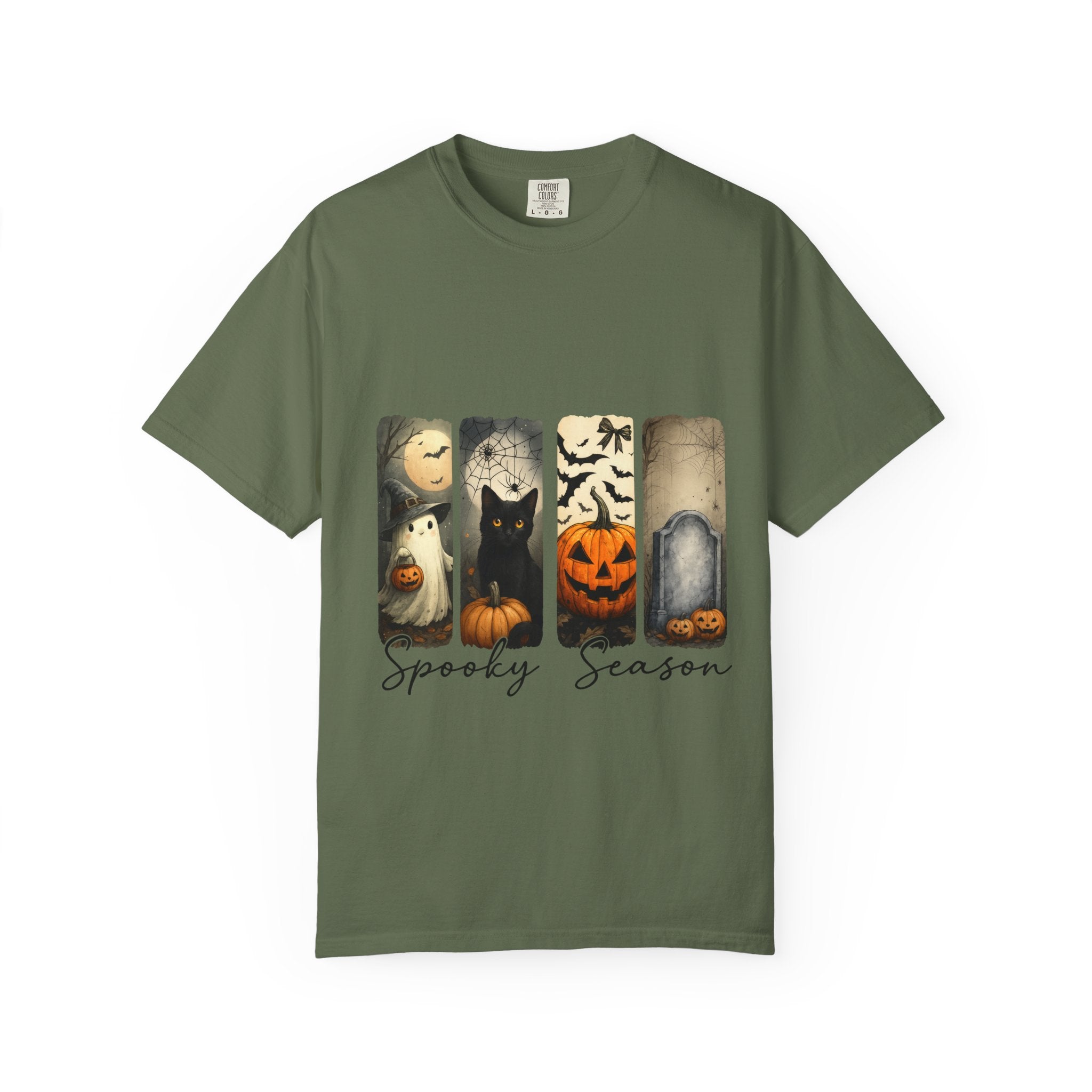Halloween Night Unisex T-Shirt – Ghost, Black Cat, Pumpkin & Tombstone Vintage Art
