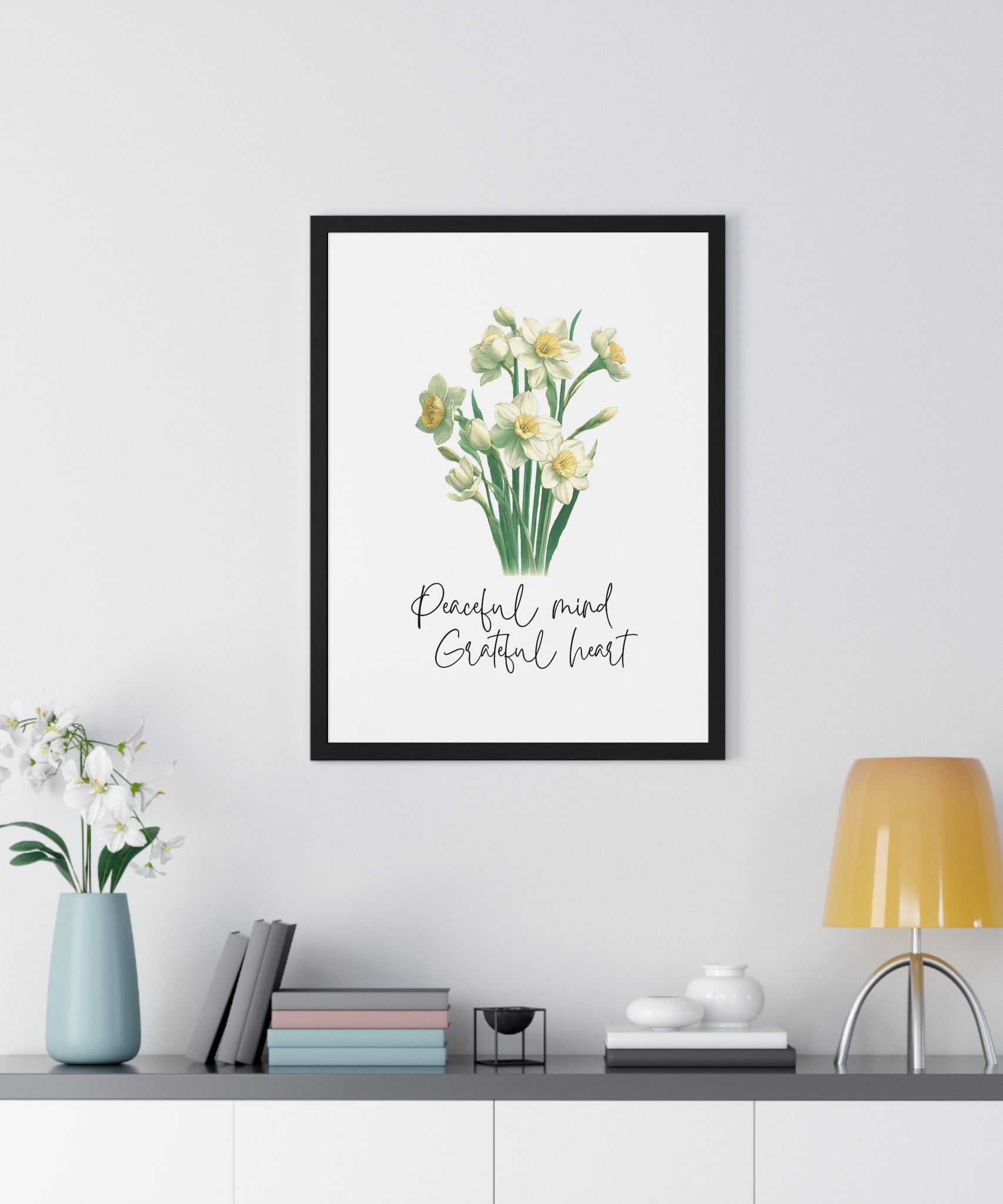 December Birth Month Flower Wall Art – Narcissus Illustration with Inspirational Quote in Wooden Frame | Peaceful Mind & Grateful Heart