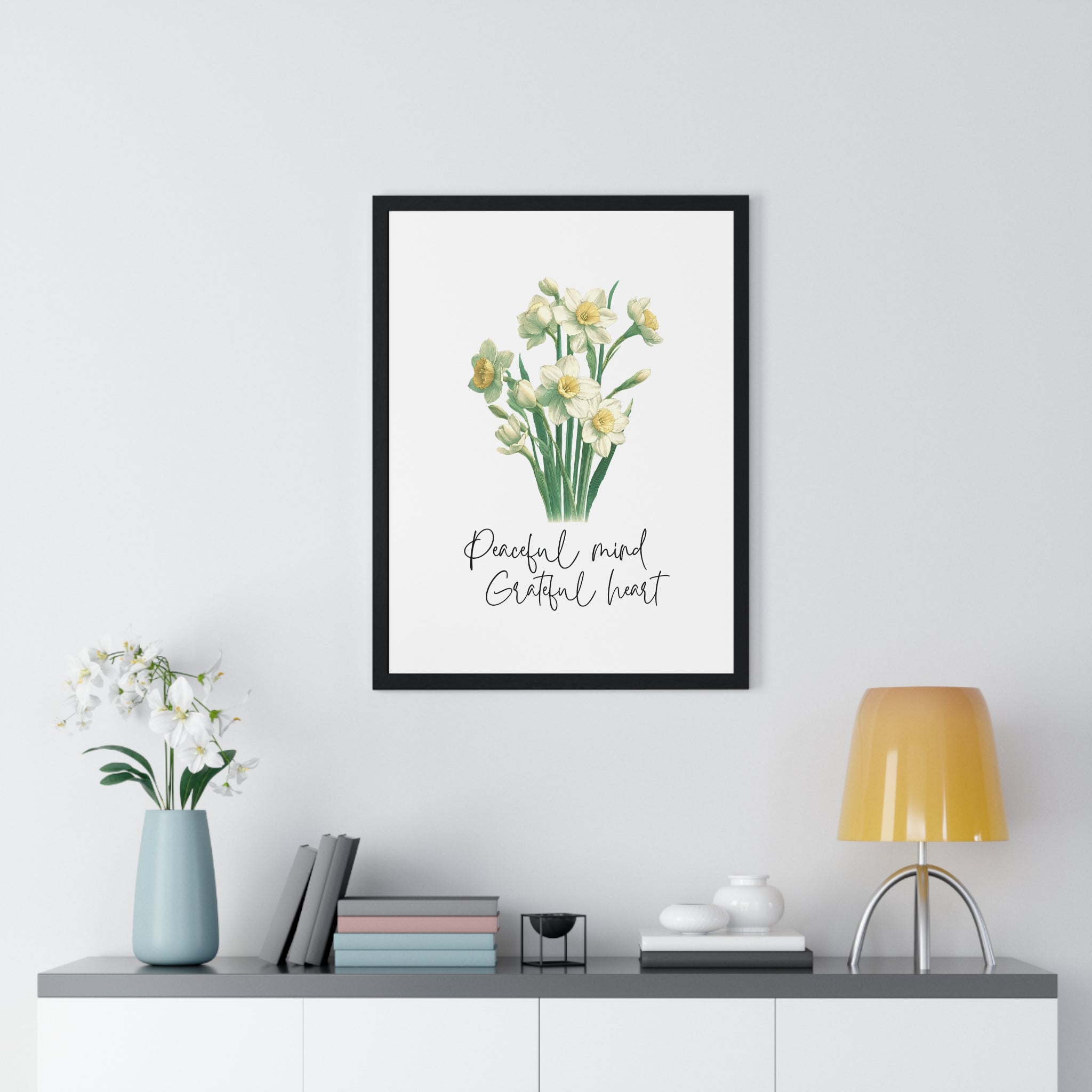 December Birth Month Flower Wall Art – Narcissus Illustration with Inspirational Quote in Wooden Frame | Peaceful Mind & Grateful Heart