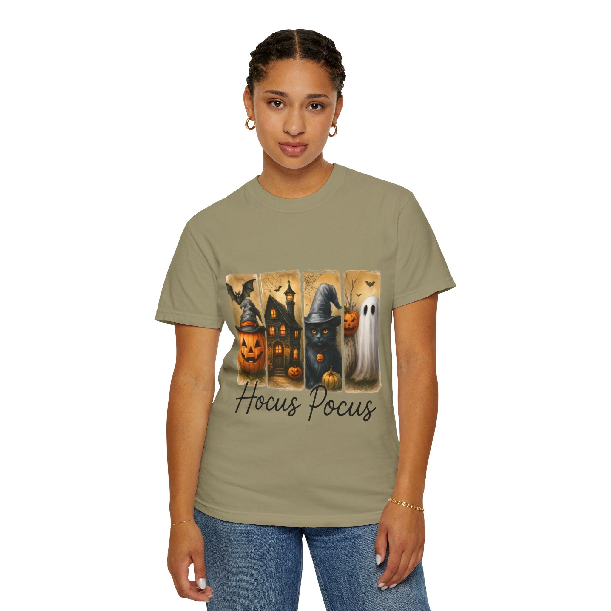 Hocus Pocus Halloween Unisex T-Shirt – Witchy Cat, Haunted House, Pumpkin & Ghost Art