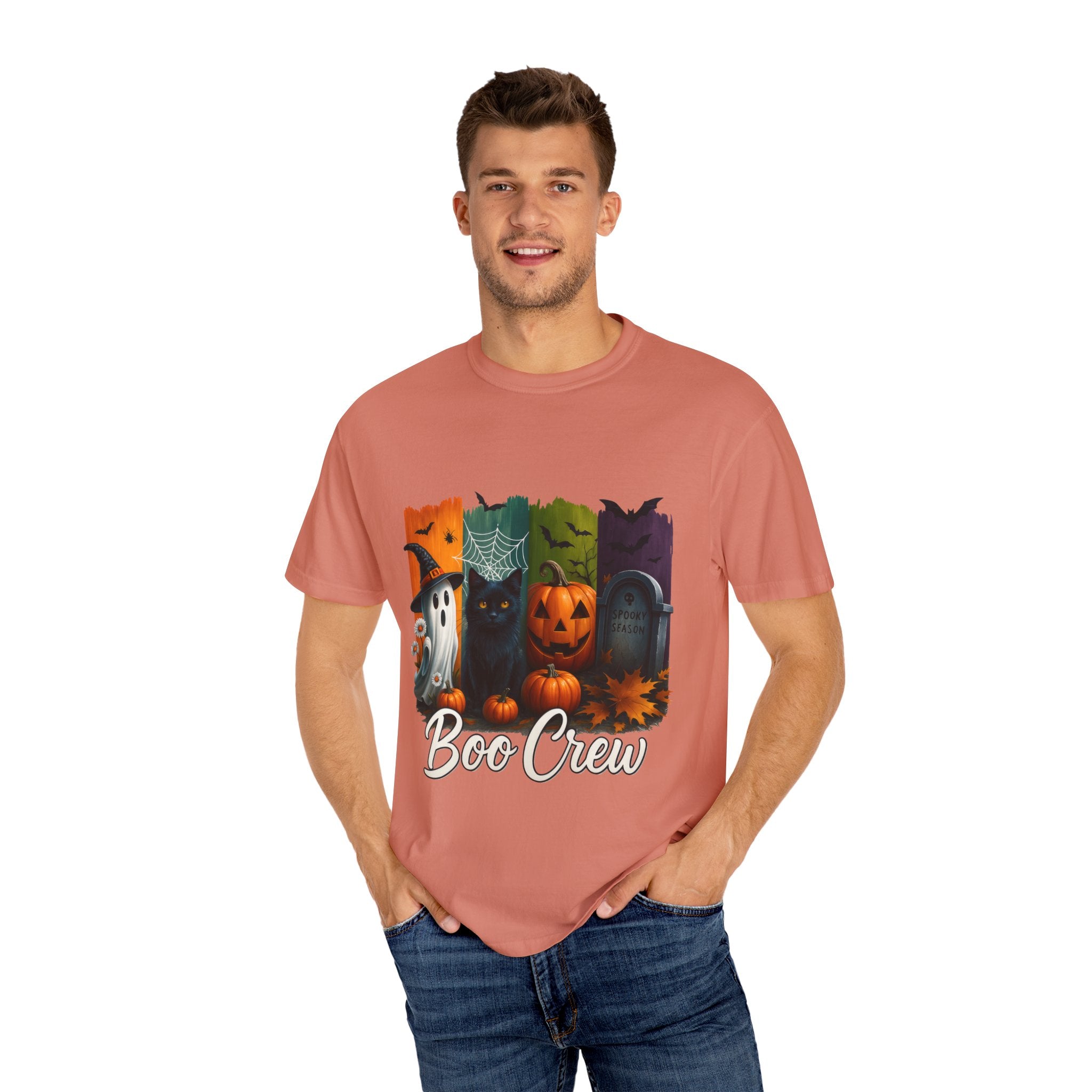 Boo Crew Halloween Unisex T-Shirt – Cute Ghost, Black Cat, Pumpkin & Tombstone Design