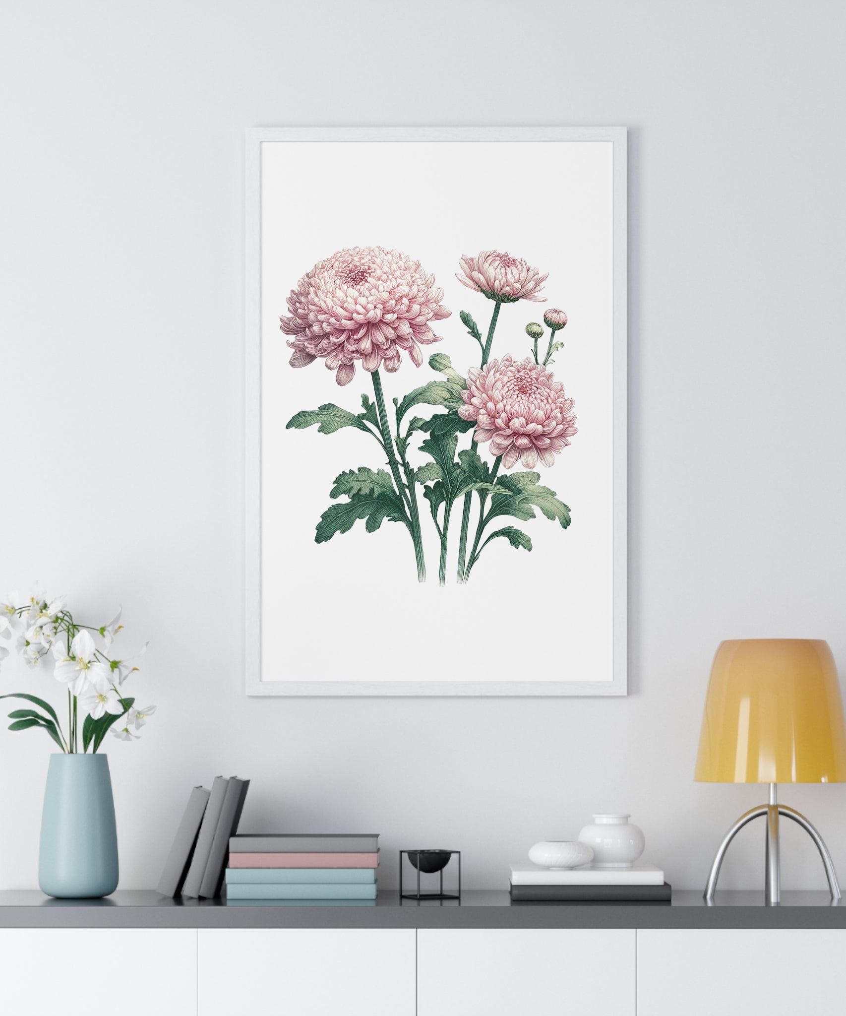 November Birth Month Flower Wall Art – Pink Chrysanthemum Illustration in Wooden Frame | Loyalty, Love & Joy