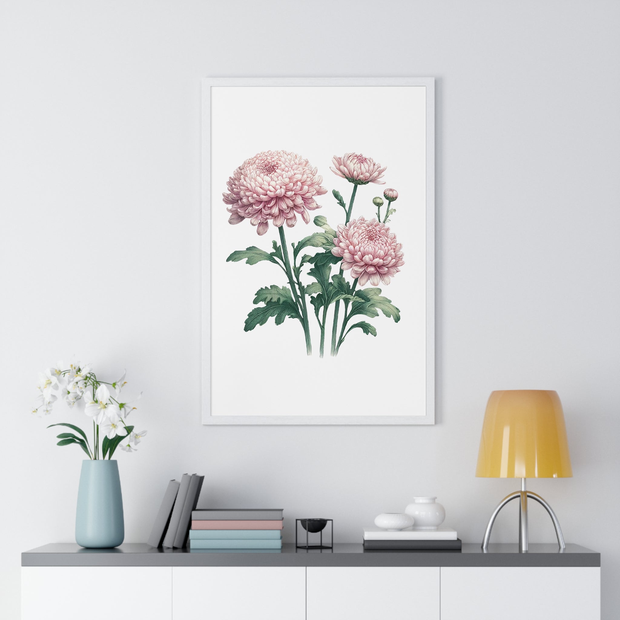 November Birth Month Flower Wall Art – Pink Chrysanthemum Illustration in Wooden Frame | Loyalty, Love & Joy