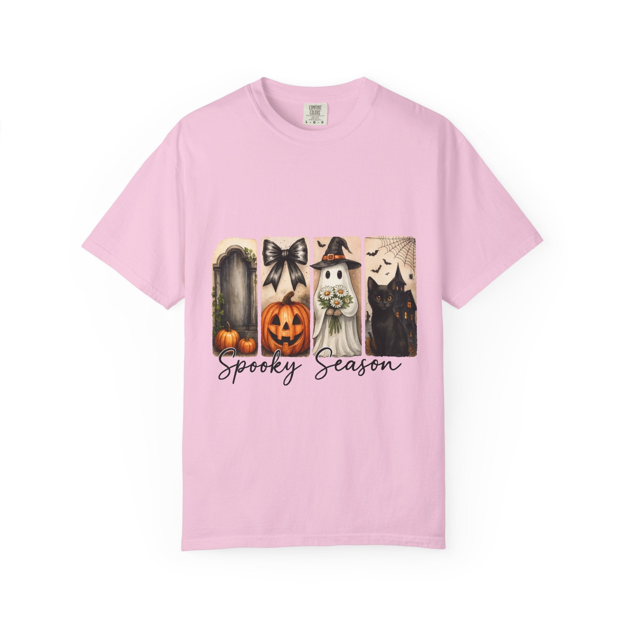 Spooky Season Unisex Halloween T-Shirt – Ghost, Black Cat, Pumpkin & Haunted House Art