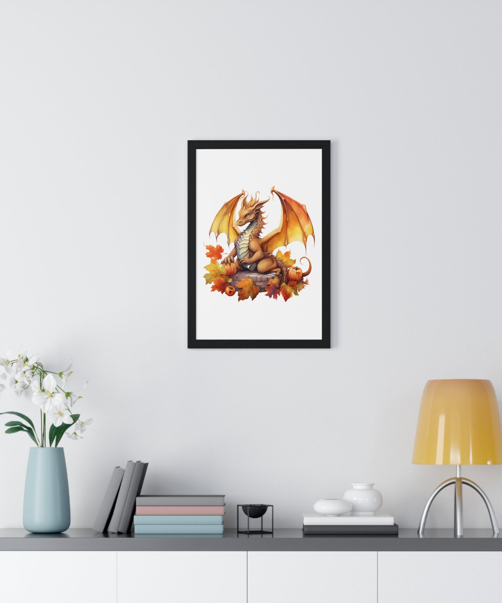 Autumn Dragon Wall Art – Fantasy Fall Decor with Pumpkins