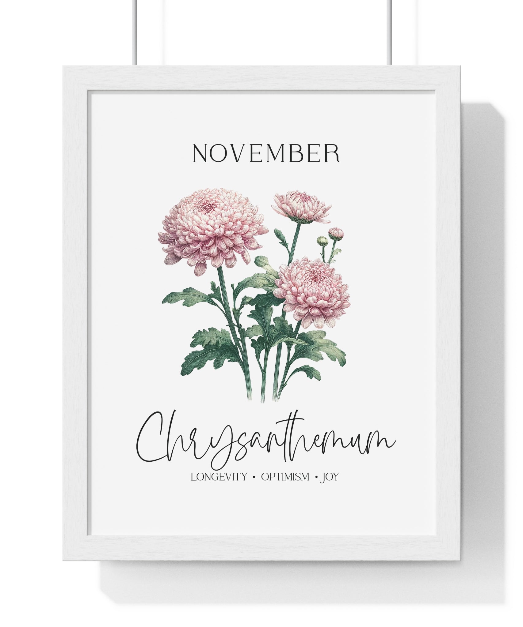 November Birth Month Flower Wall Art – Chrysanthemum Illustration in Wooden Frame | Longevity, Optimism & Joy