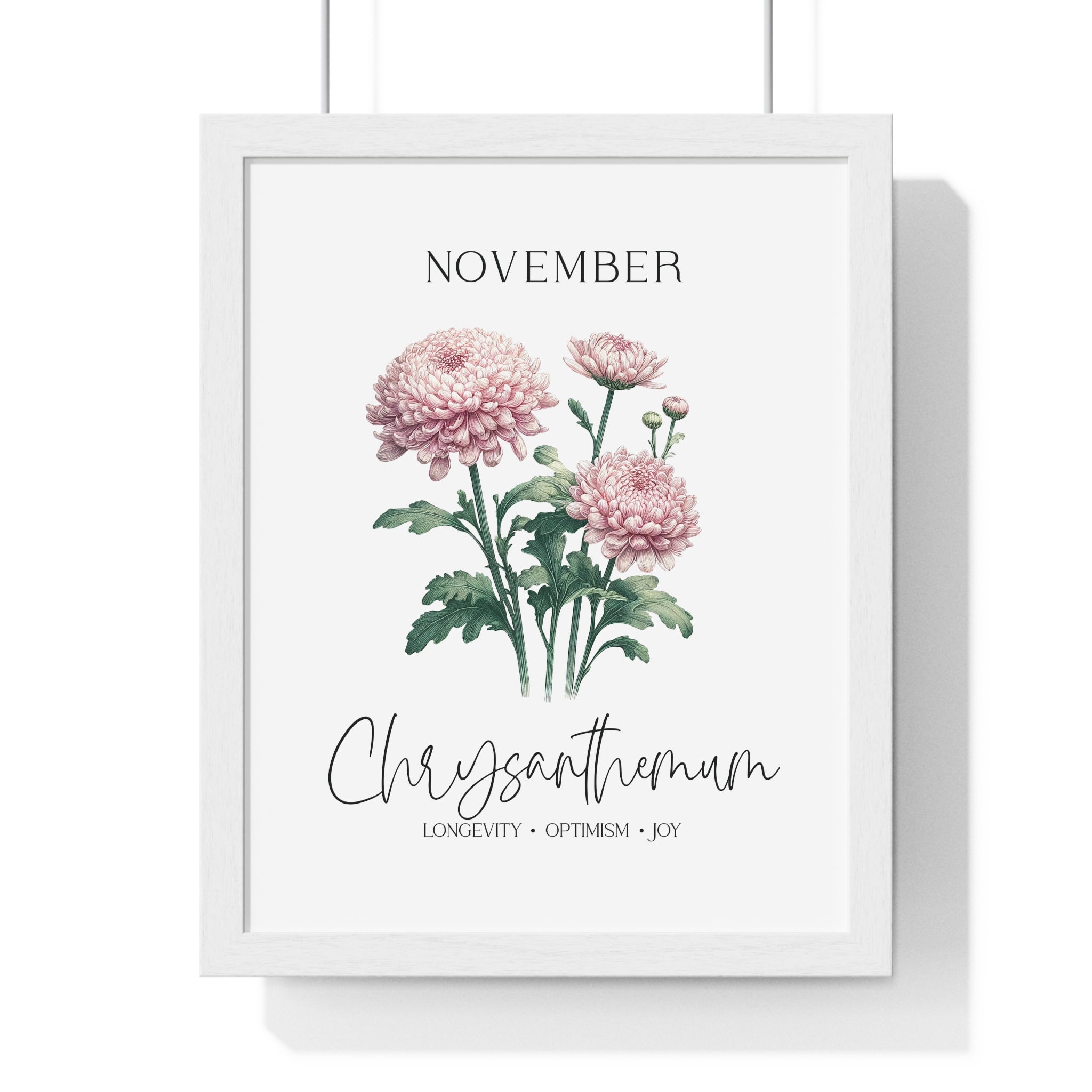 November Birth Month Flower Wall Art – Chrysanthemum Illustration in Wooden Frame | Longevity, Optimism & Joy