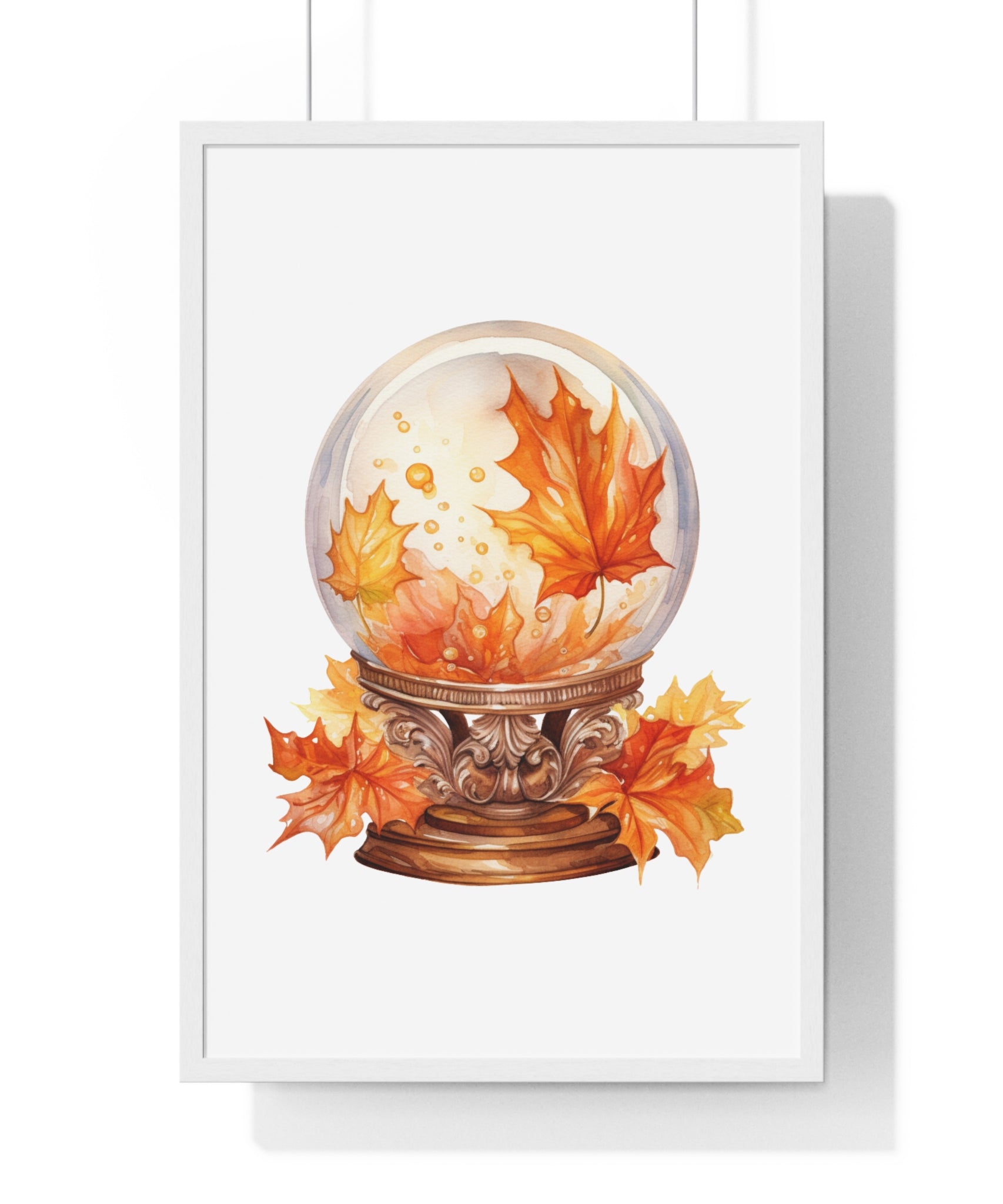 Floating Leaves Snow Globe Wall Art – Ornate Autumn Fantasy Poster | Wooden Frame Seasonal Home Decor