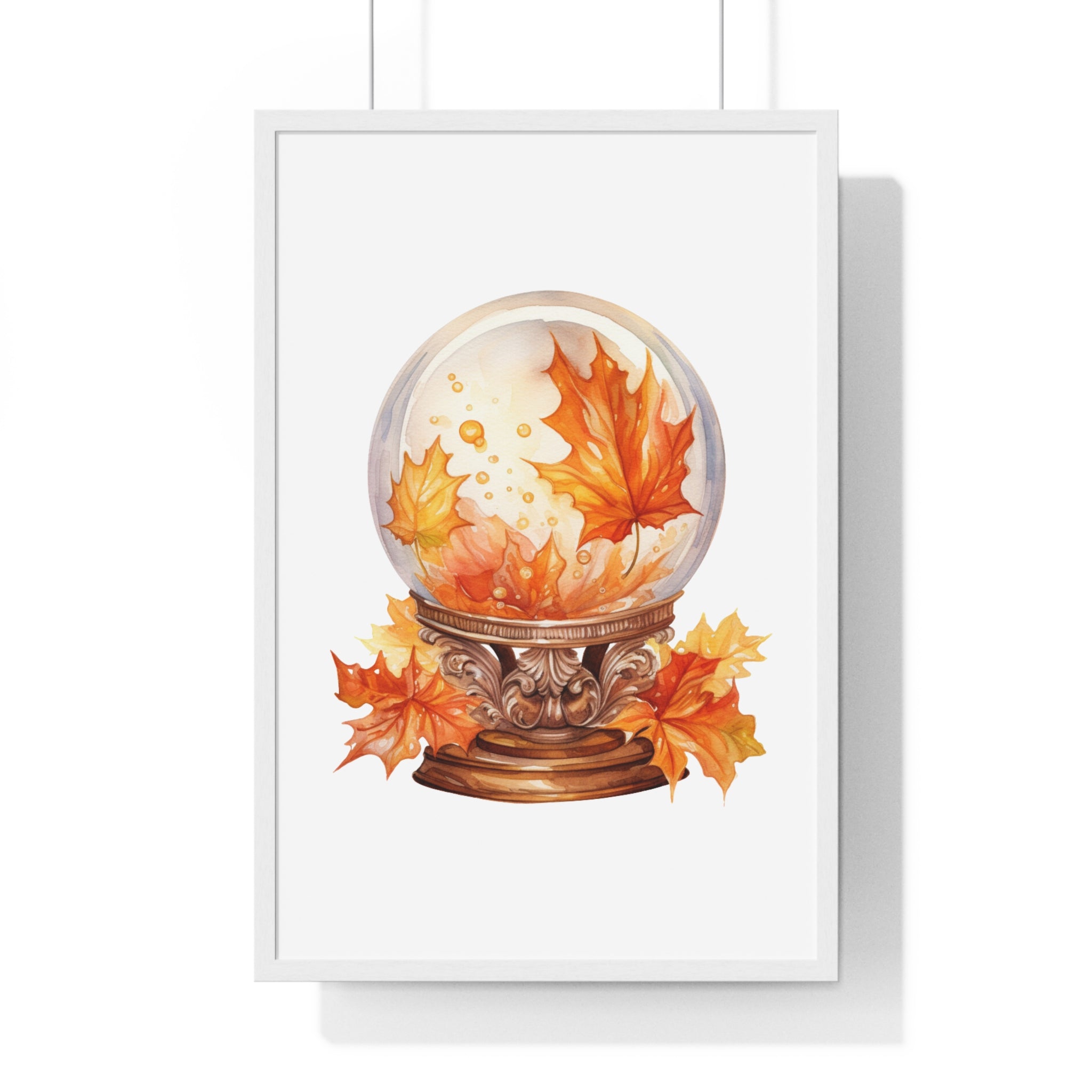 Floating Leaves Snow Globe Wall Art – Ornate Autumn Fantasy Poster | Wooden Frame Seasonal Home Decor